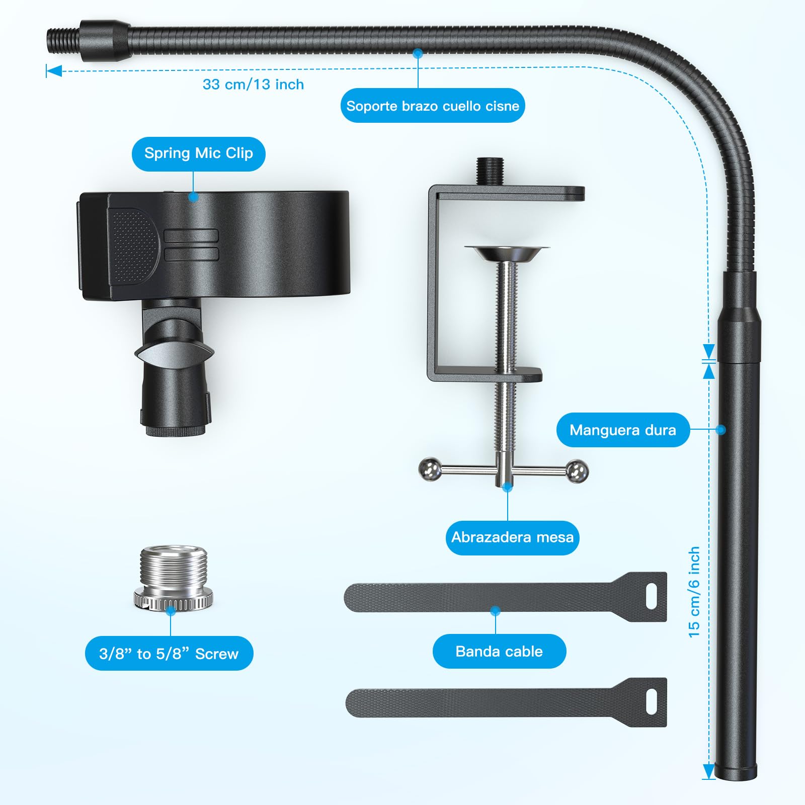 ZealSound Soporte de Micrófono, Pie de Microfono de Escritorio con Cuello de Cisne,Totalmente ajustable 360 ° Giratorio 90 ° Plegable, Adaptador de Tornillo de 3/8" a 5/8" para Blue Yeti y más