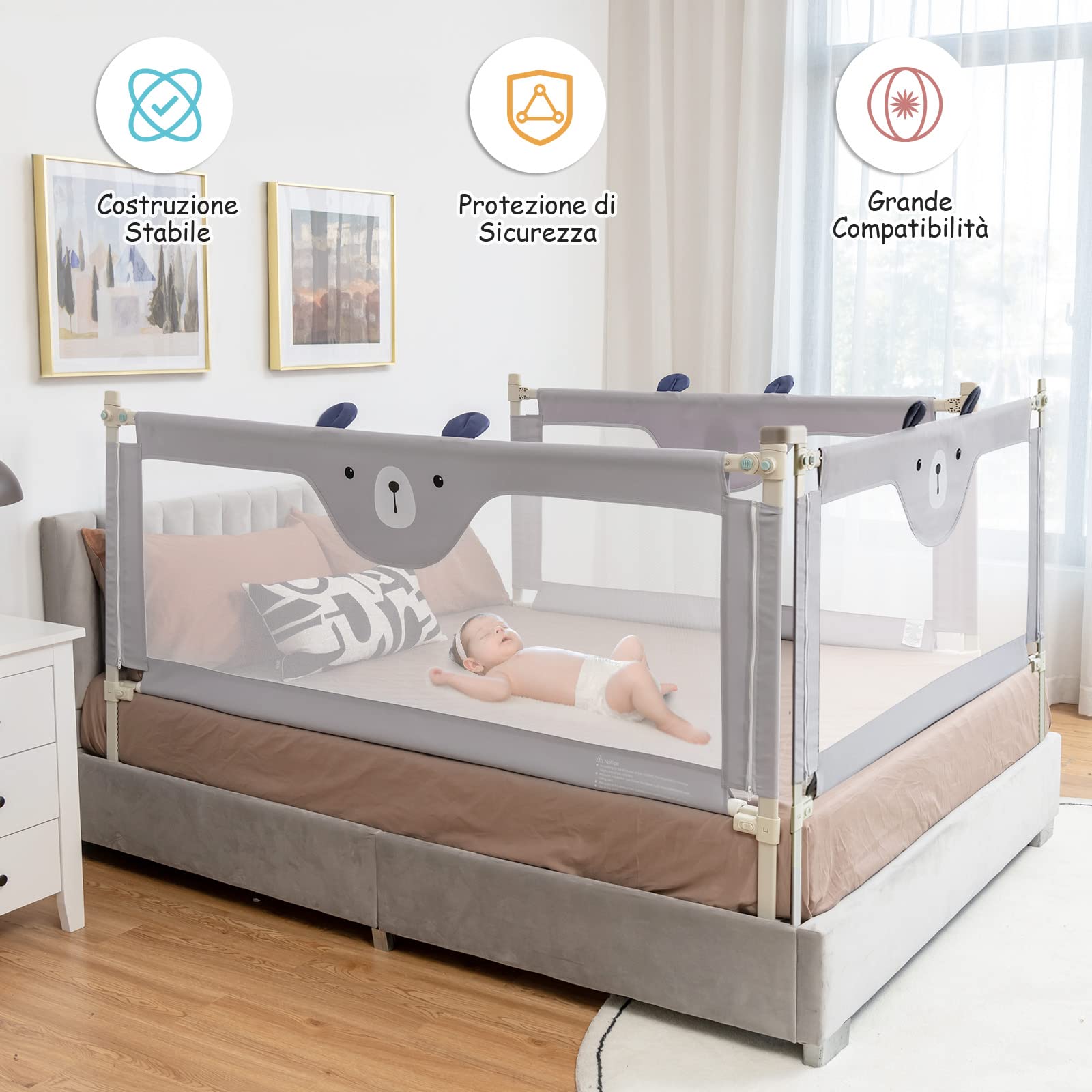 RELAX4LIFE Sponda Letto per Bambini, Barriera Protettiva con Doppio Blocco di Sicurezza per Bambini, Altezza Regolabile a 24 Livelli, Lunghezza 145/174 cm (174cm, Orso)