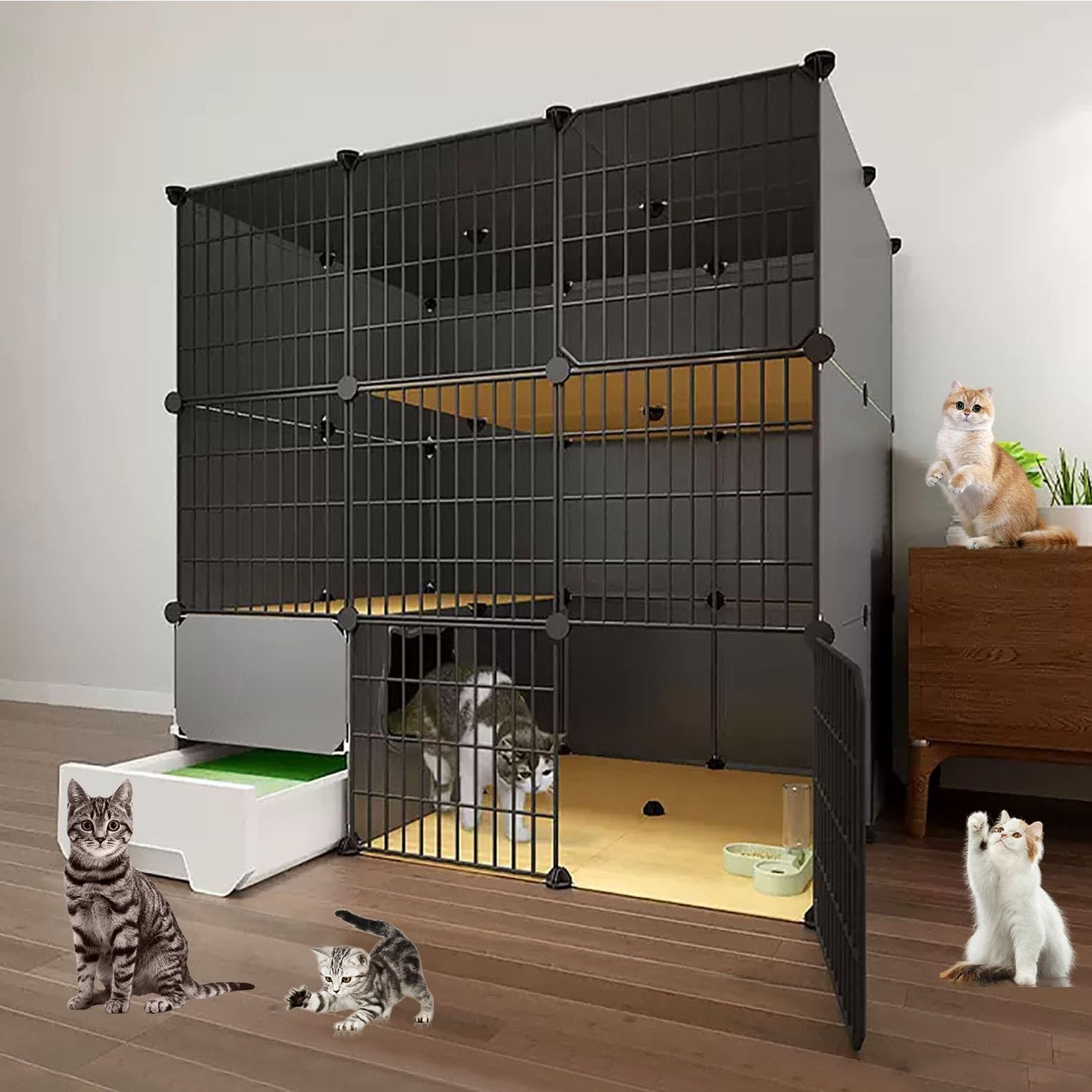 Cage pour chat XXL 111x95x111 cm avec bac à litière amovible et enclos modulable