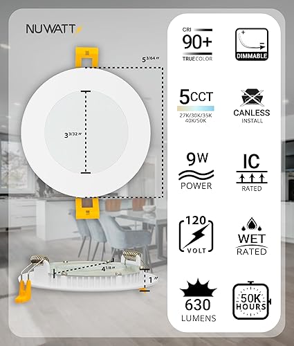 Miniatura 2 de NUWATT Paquete de 12 luces LED empotrables ultrafinas de 4 pulgadas, 5CCT 2700K3000K3500K4000K5000K seleccionable, 630LM, 9W, clasificación IC,