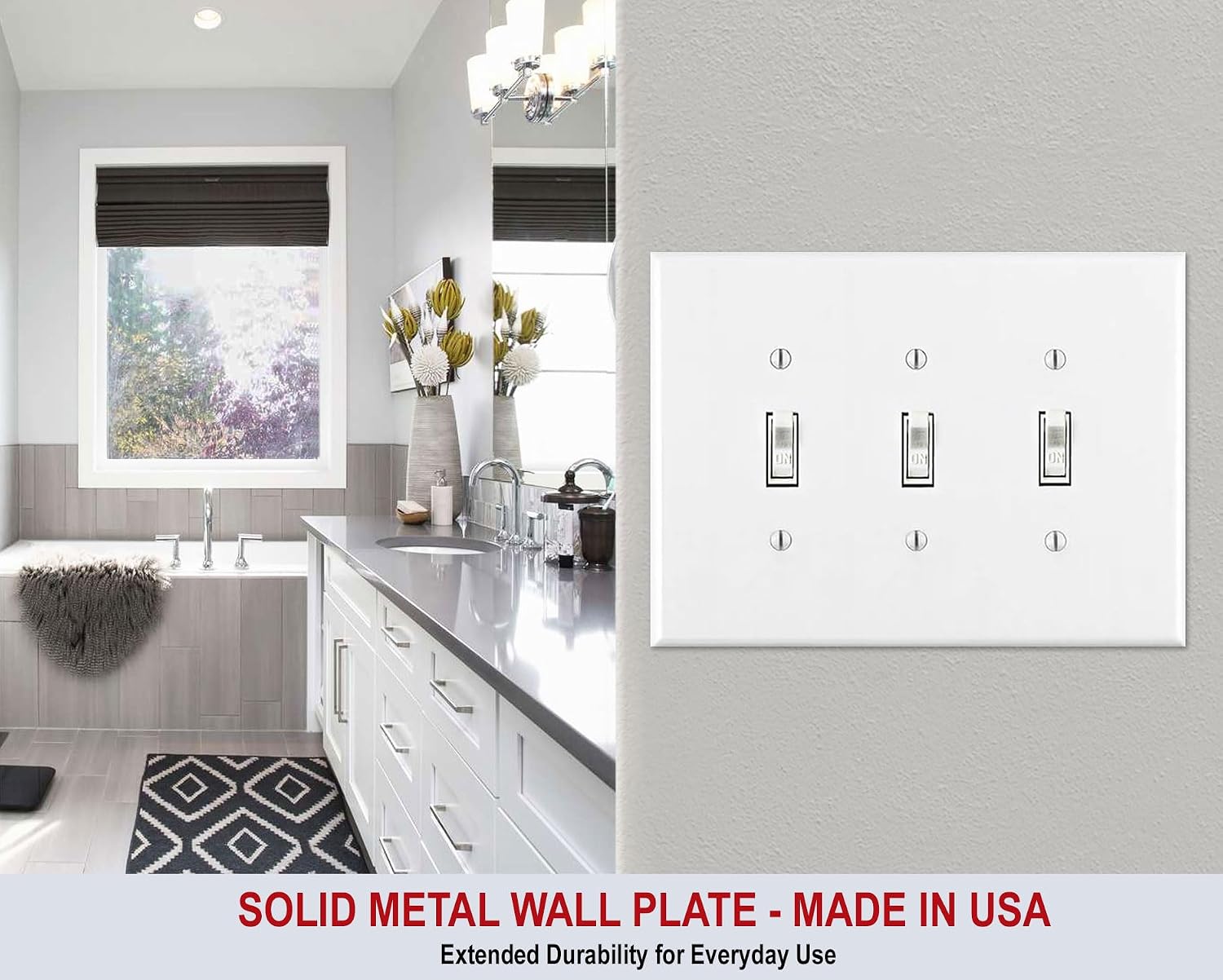 OVERSIZED 3 Gang Toggle Metal Light Switch Cover - Three Gang Wall Plate for Toggle Style Light Switches, Stainless Steel Painted White with Semi-Gloss Finish, Made in USA, UL Listed, 5.5 x 7.5 Inches
