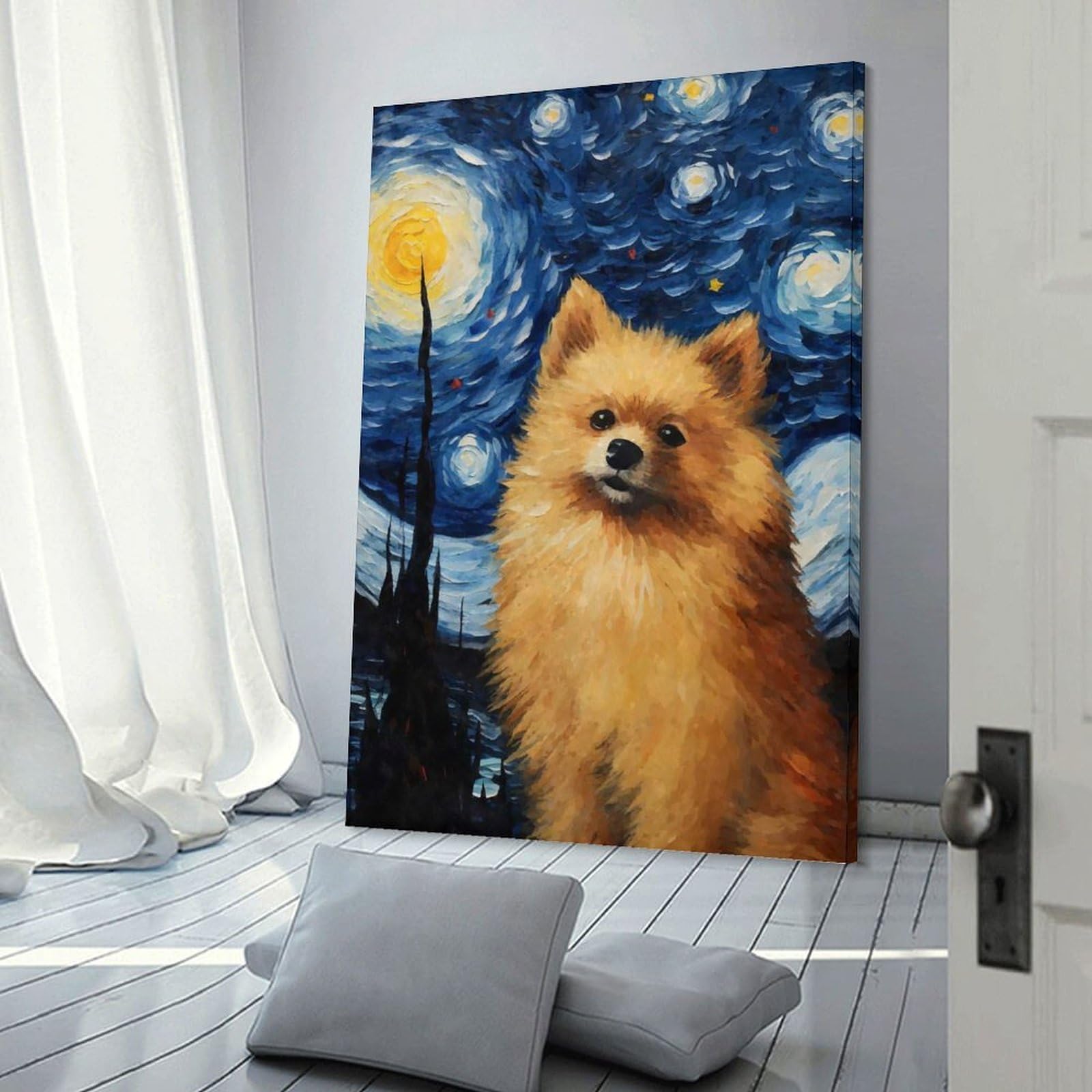 Junmoney Frame-Style-20 Canvas Art Print Pomeranian Starry Night, 24X36inch(60X90cm), For Office, Study Or Home Workspace, Wall Art That Adds Style To Work Areas