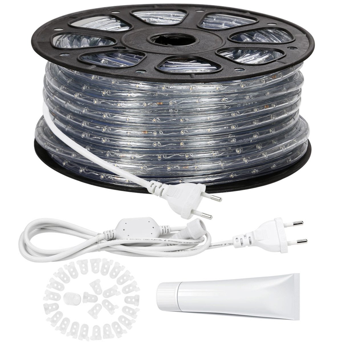 LE Manguera de luces 46m, Blanco cálido, resistente al agua, IP65, accesorios incluidos, recortable