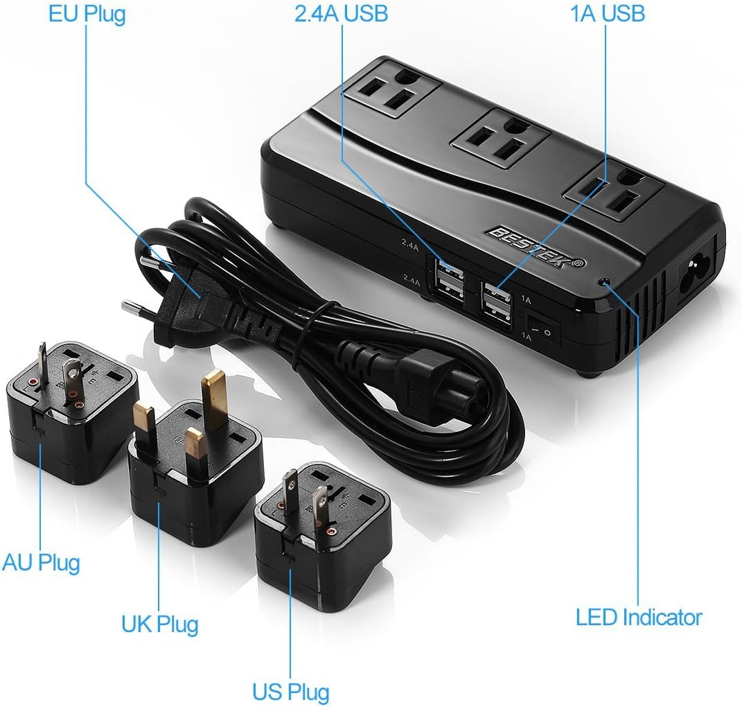 Top Rated BESTEK Power Converter 220V to 110V Travel Voltage Converter 200W and 4-Port USB with International EU/UK/AU/US Adapter Plugs