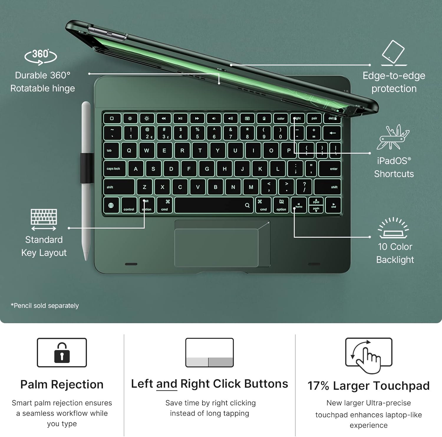 typecase Touch iPad 9th Generation Case with Keyboard (10.2", 2021), Multi-Touch Trackpad, 10 Color Backlight, 360° Rotatable, Thin & Light for iPad 8th Gen, 7th Gen, Air 3, Pro 10.5 (Midnight Green) - Image 5