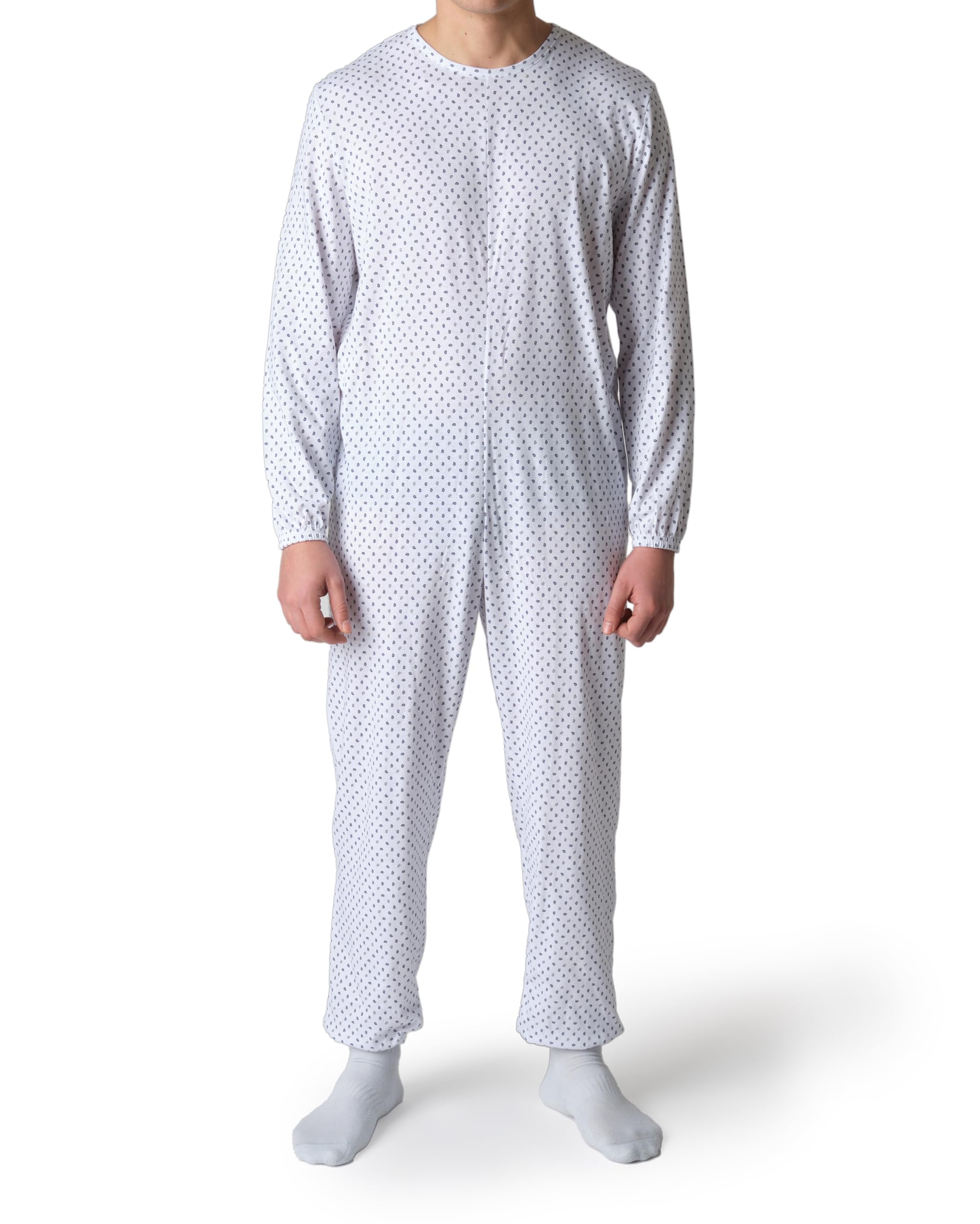 Pyjama sanitaire pour personnes âgées en coton d'été avec fermeture éclair arrière - Tuton pour personnes âgées avec Alzheimer ou Incontinence Made Italy - paisley bleu et gris