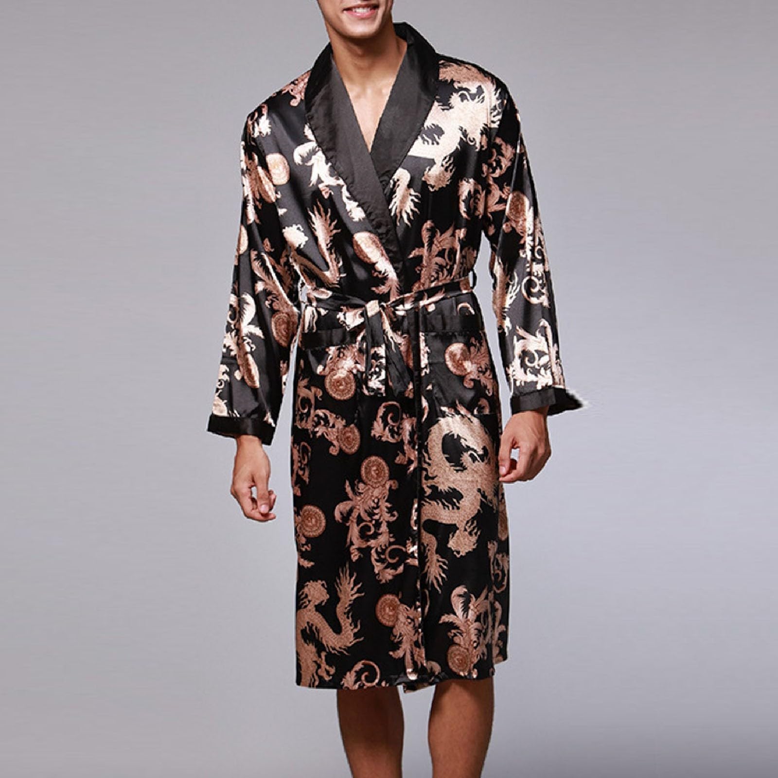 Generisch Albornoz para hombre ligero Dunn Bata de seda pijamas hombre satén corto sauna bata kimono bata de manga larga albornoz pijamas ropa de noche satén camisón albornoz para hombre