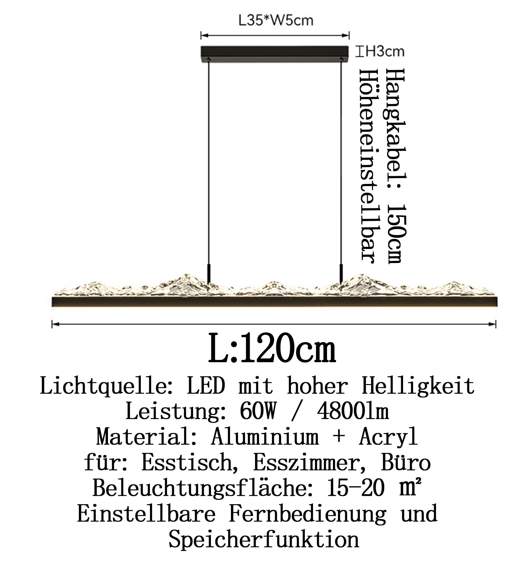 Lampada a sospensione a LED da tavolo da pranzo, 3000 K-6000 K, dimmerabile, con telecomando, design lineare moderno, 60 W, ad alta luminosità, da appendere, regolabile in altezza (120 cm/60 W)