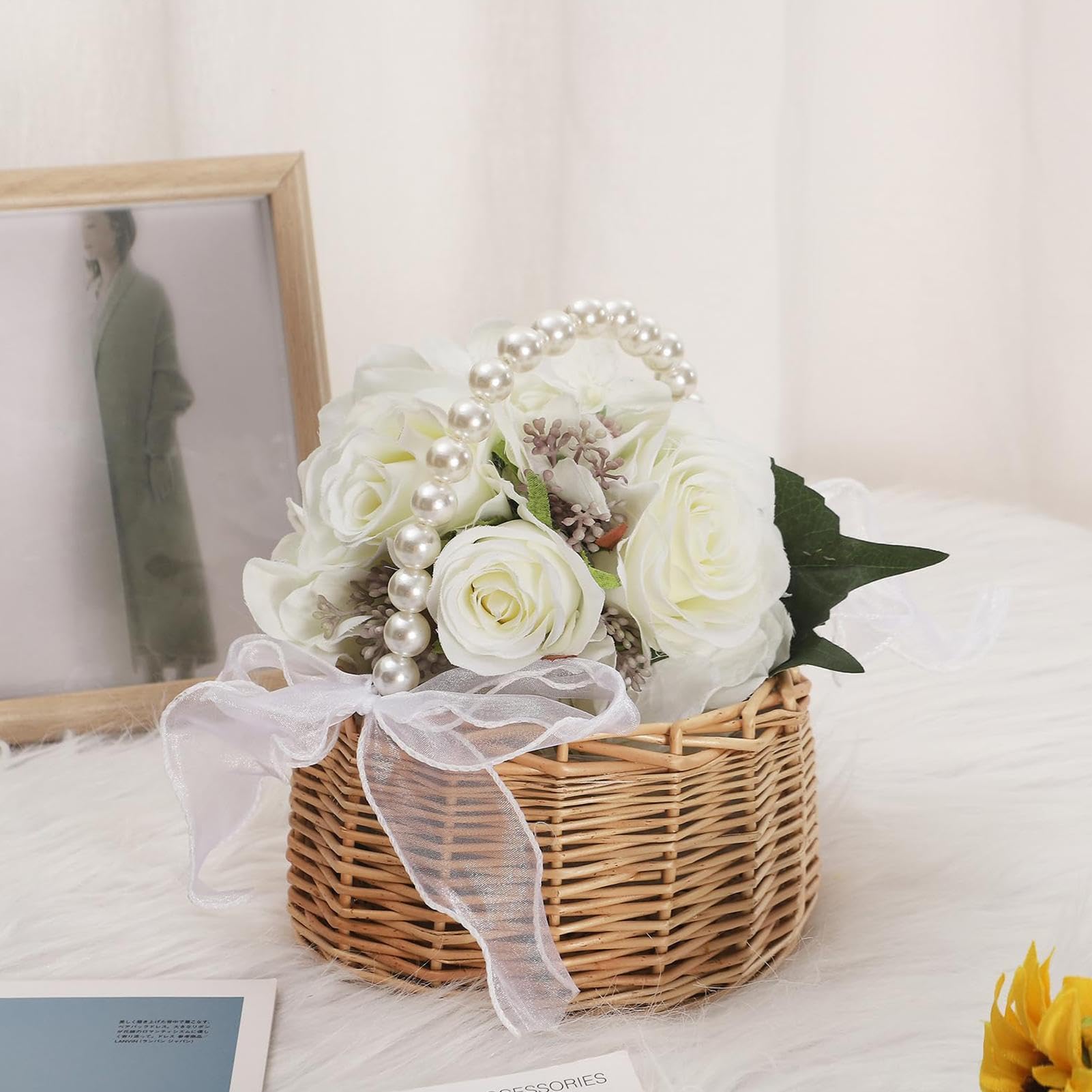 Cesto per fiori intrecciato, con manico di perle, cestino per biglietti di auguri di nozze, per damigelle d'onore, decoratori, biglietti di auguri, snack, casa, soggiorno, addio al nubilato, caminetto