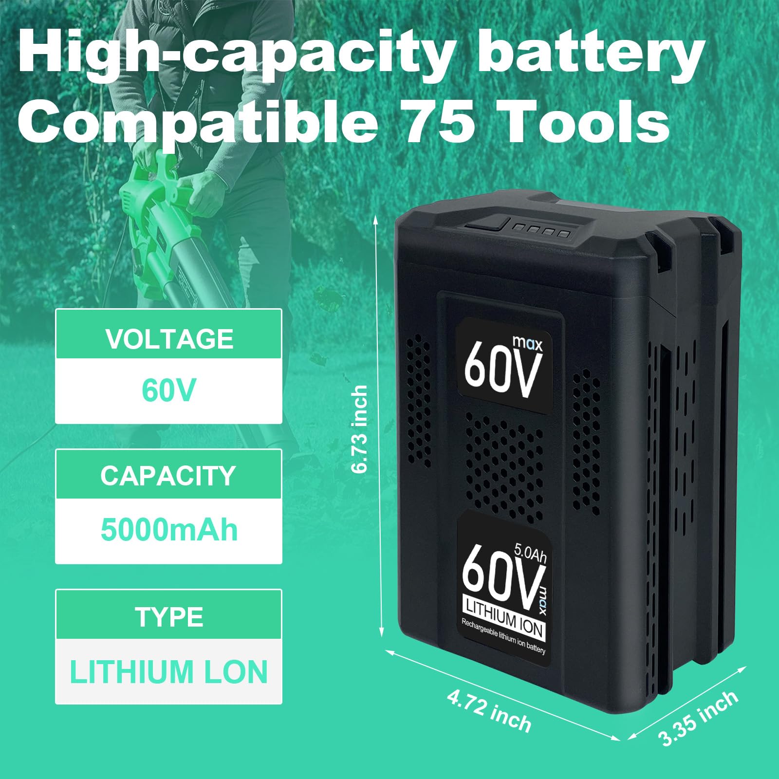 Batteria ultra potente da 60 V 5,0 AH compatibile con Greenworks Max 60 V batteria per B60A03 LB60A02 LB60A00 75 utensili prestazioni massime 60 Volt batterie per utensili elettrici senza
