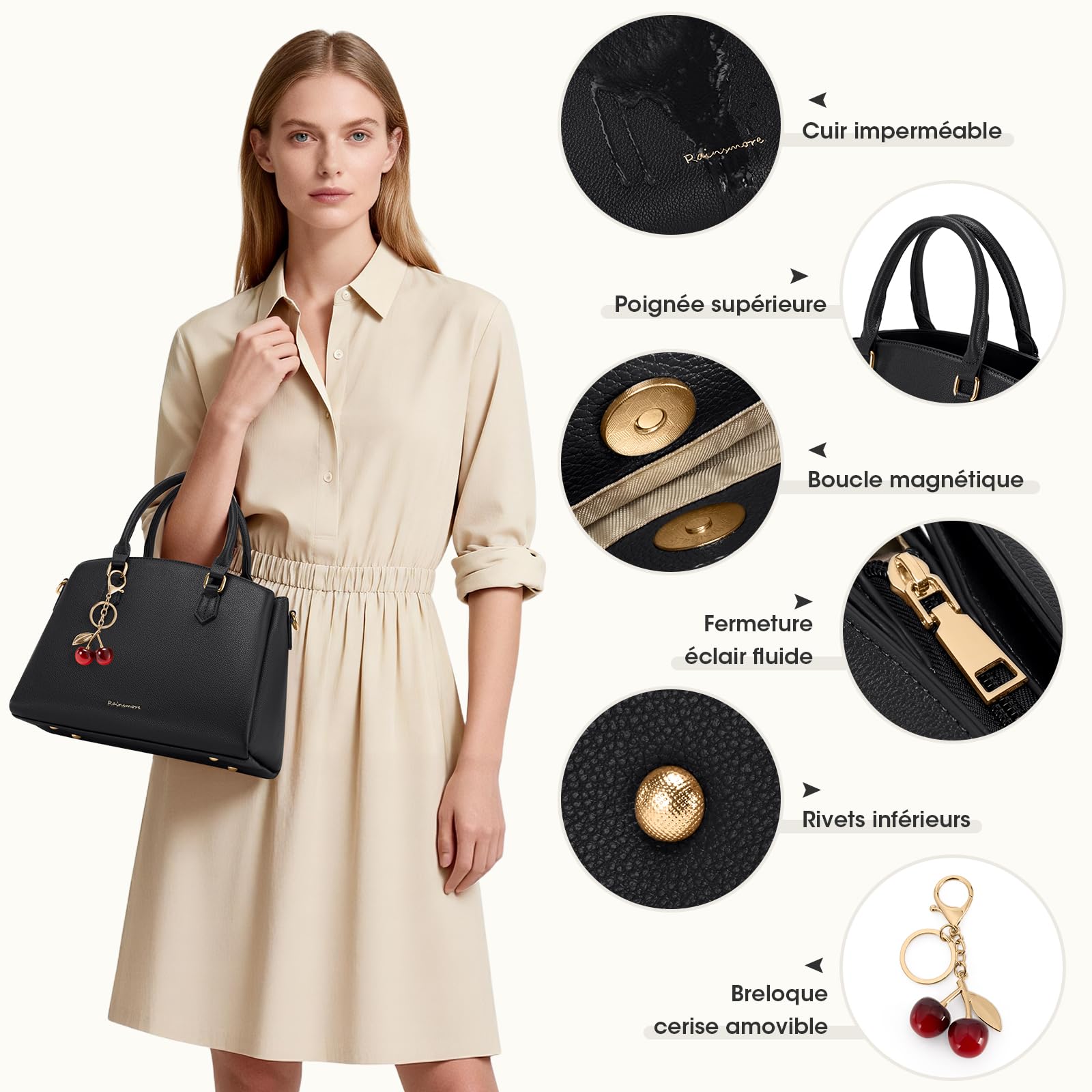 RAINSMORE Sac a Main Femme en Cuir PU Sac a Main avec Bandoulière Amovible Sac a Main Femme Cuir Convient pour Tablette 11 Pouces Sac à Main pour le Travail Shopping Noir