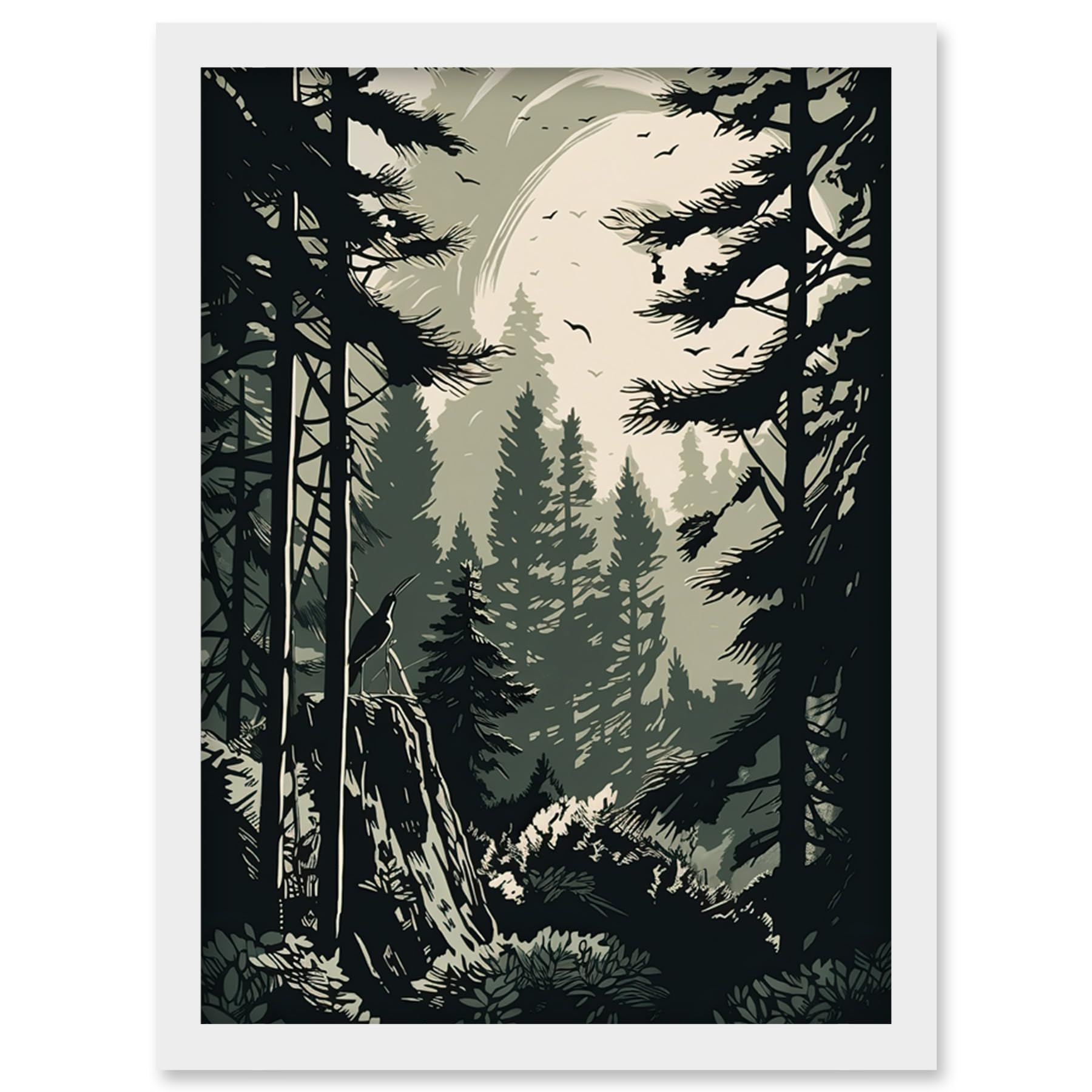 Artery8 Pine Tree Forest Sunrise Landscape Illustration Artwork Framed Wall Art Print A4