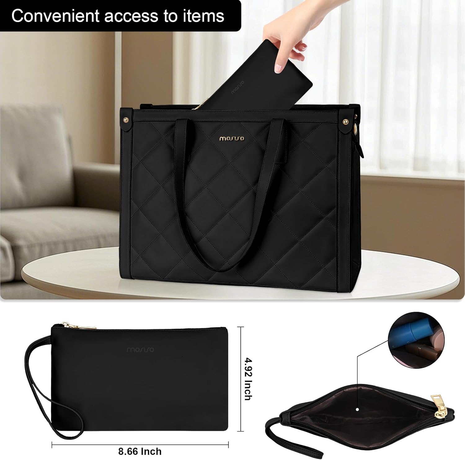MOSISO Laptop Tote Bag for Women, 15.6 inch PU Leather Rhombus Quilted Work Bag with Cup Holder & Clutch Purse, Large Capacity Teacher Computer Briefcase for Business Office, Black - Image 6