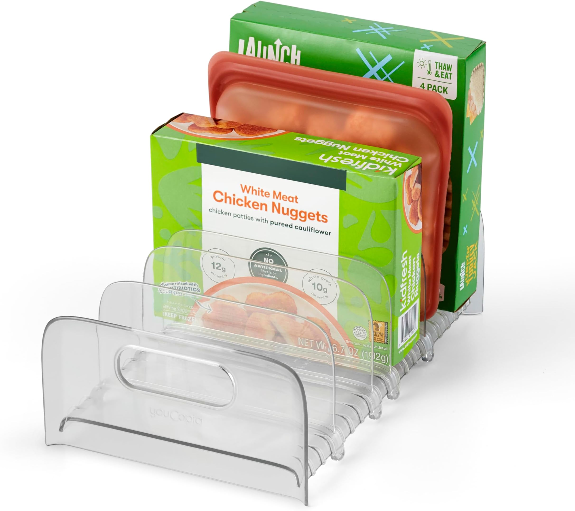 YouCopia FreezeUp Freezer Rack 12" BPA-Free Fridge Organizer with Adjustable Dividers and Handles for Frozen Food Box and Meal Storage, Clear