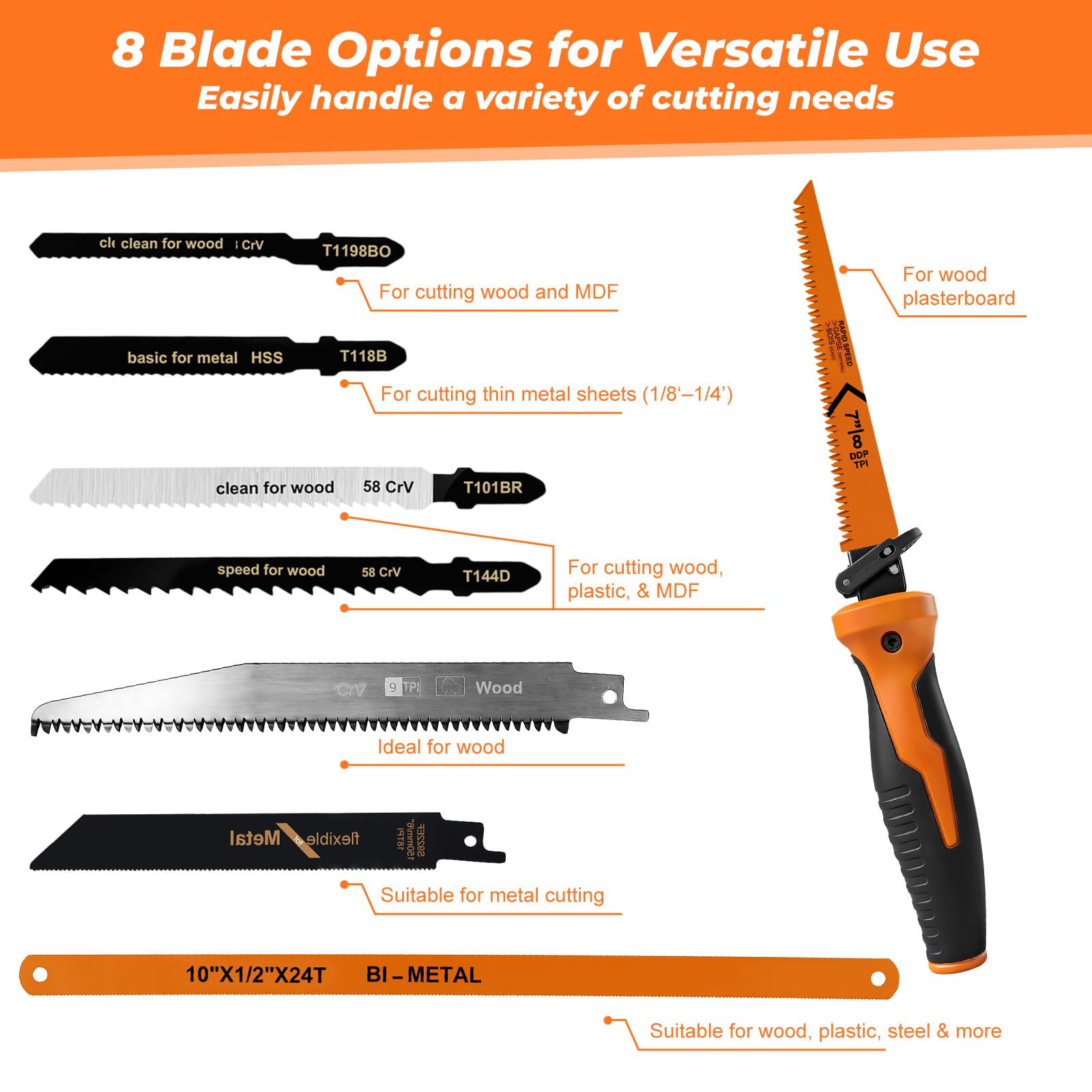 Flintronic Set de Sierra Metálica 8 en 1, Mini Sierra para Bricolaje con 8 Hojas de Sierra, Diseño Autobloqueante y Mango Ergonómico, para Metal, Madera y Plástico