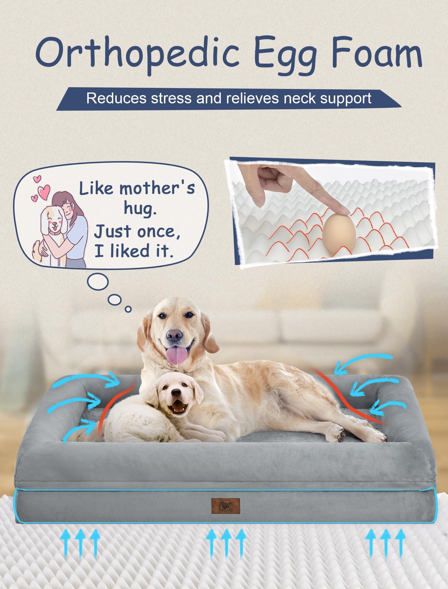 Orthopedic Washable Large Dog Bed: Large Dog Bed Bolster Waterproof - Dog Beds for Medium XLarge Extra Dogs with Removable Cover