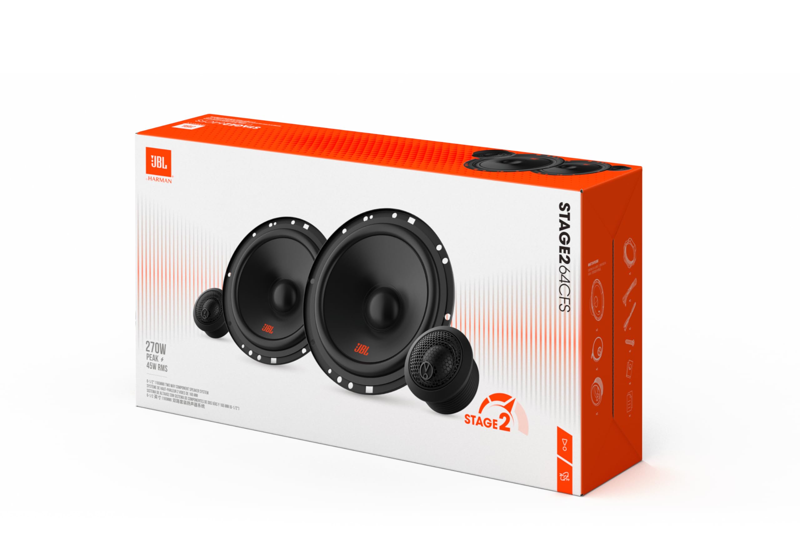 JBL Stage2 64CFS Gen2 2-Wege Komponentensystem 6,5 Zoll 45 W RMS, 270 W Peak, 4 Ω, 91 dB, Plus One™ Polypropylen-Woofer, PEI-Hochtöner, Slim-Design, Externe Frequenzweiche, einfache Installation