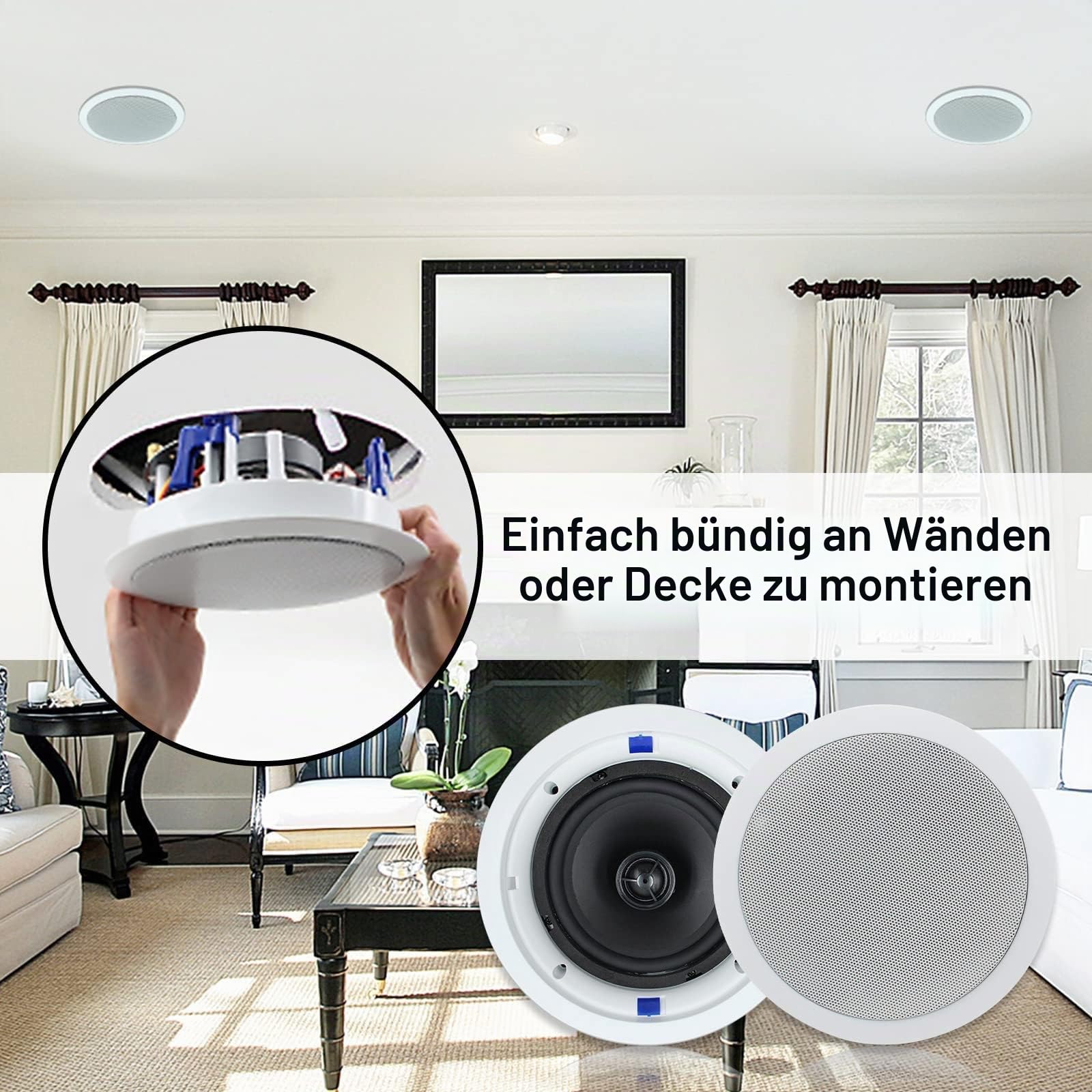 Herdio 6,5 Zoll Deckenlautsprecher, 8 Ohm 160 Watt Einbaulautsprecher, Bündige Montage Sound, Perfekt für Innen und Außenbereich, Schlafzimmer, Heimkino (2 Lautsprecher)