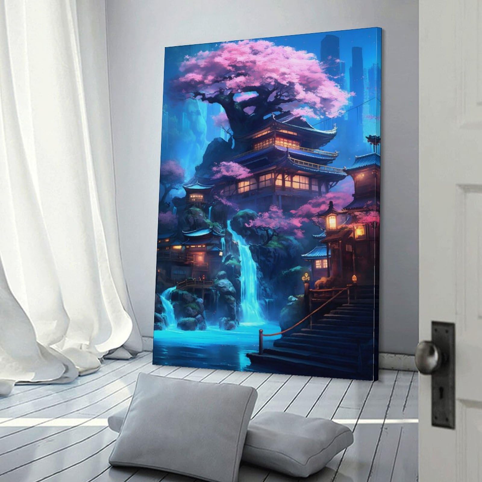 Carteles de templo en cascada neón, decoración de dormitorio, tela para pared, regalo, decoración del hogar, cartel de pareja celebrante, 60 x 90 cm