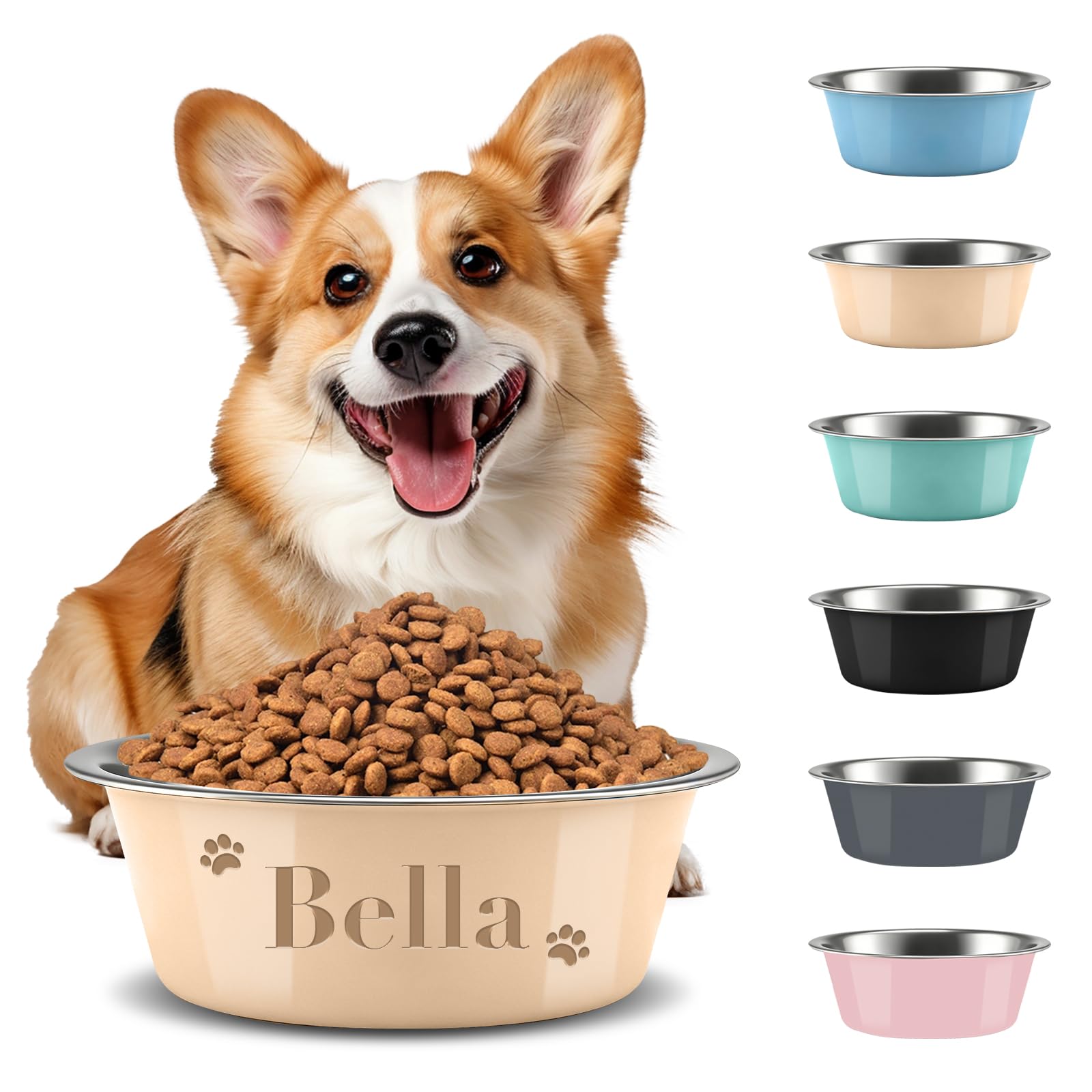 Personalised Dog Bowl, Custom Laser Engraved With Pet Name, Stainless Steel With Non-Slip Pad, Food & Water Dual-Use, Anti-Spill Feeding Dish For All Dog Breeds (Beige, M(21cm))
