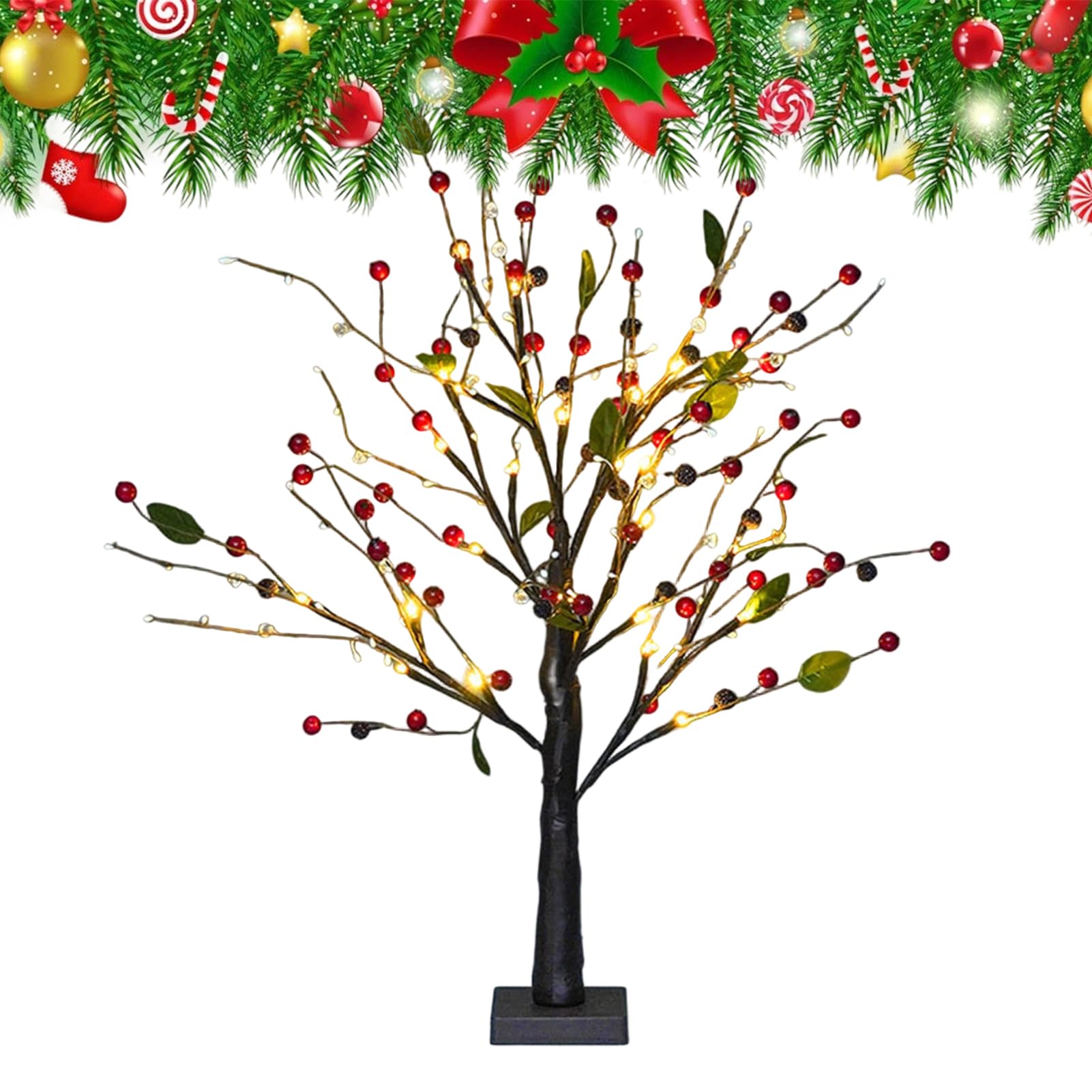 Árbol de bayas rojas con luces para un regalo de Navidad cálido y brillante