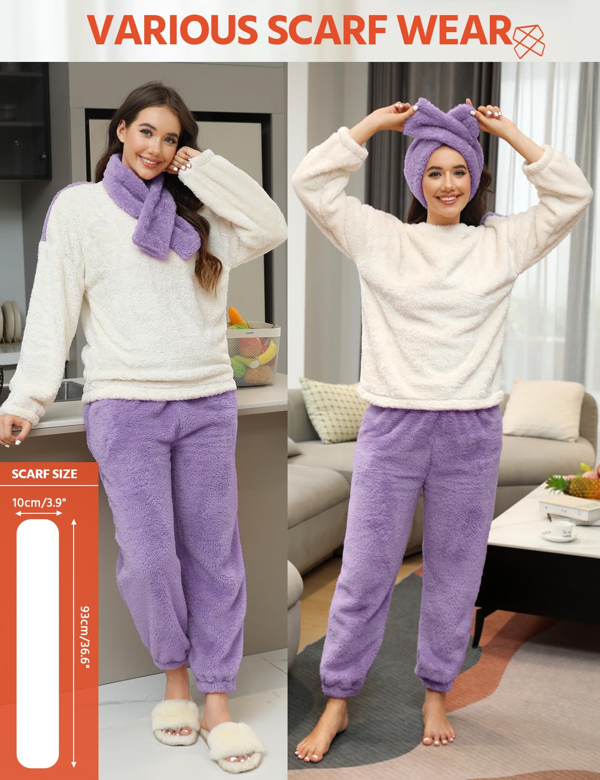 TOMEEK Pigiama da Donna Completo Invernale in Morbido Pile Polare Completo per Il Tempo Libero con Top a Maniche Lunghe Pantaloni e Sciarpa Pigiama Accogliente Pjs da Donna