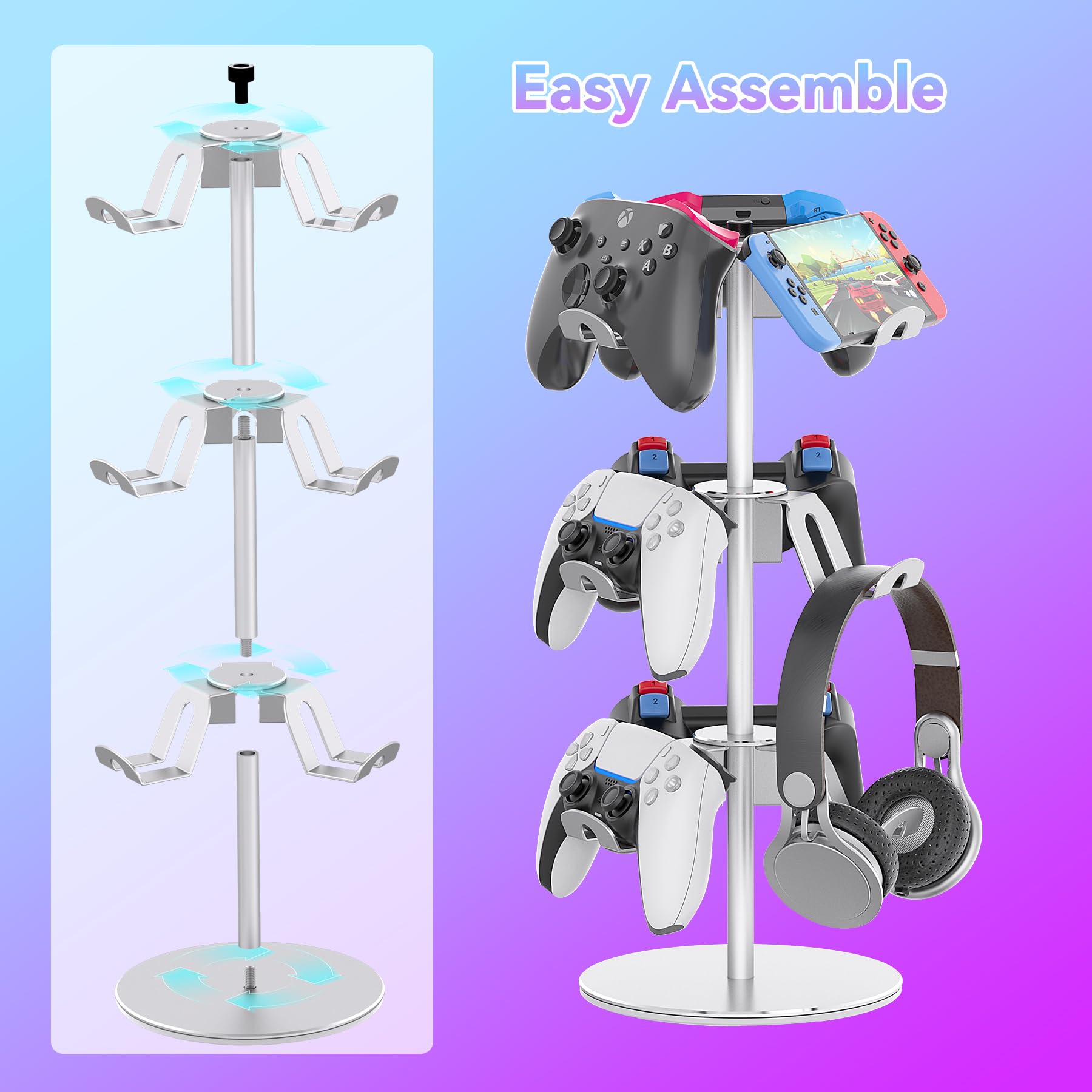 Soporte de controlador compatible con Xbox PS5 PS4 Nintendo Switch, soporte de aluminio para auriculares de 3 niveles, organizador giratorio para controlador de auriculares, universal y de gran