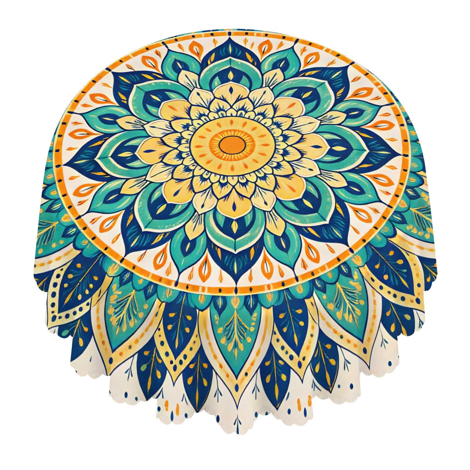 Mandala Teal Orange Round Tablecloth Waterproof Washable For Dining Party