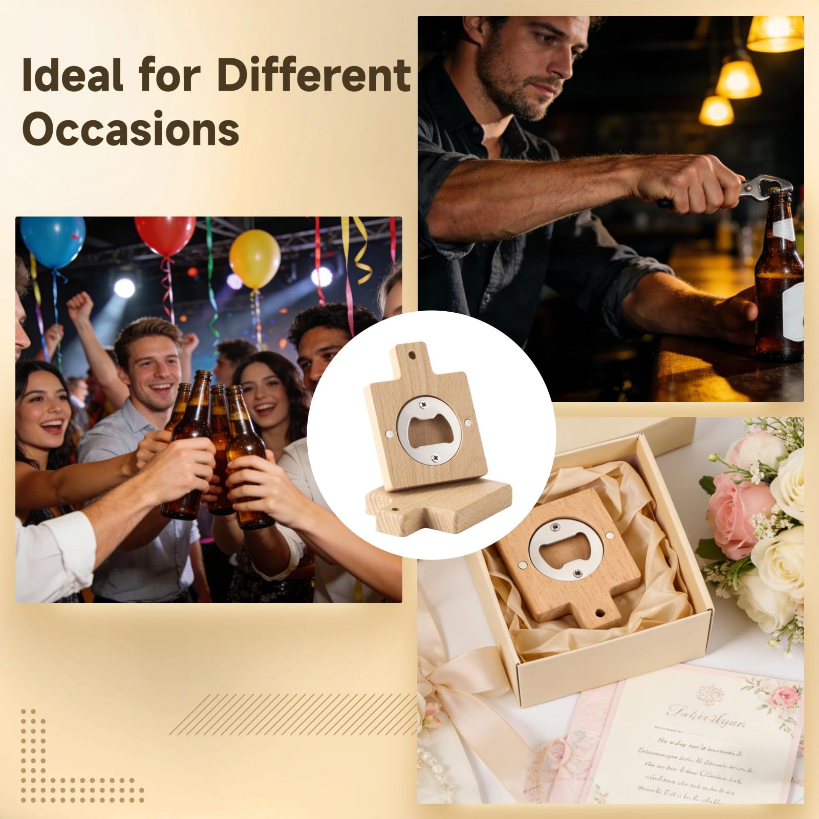 12 Stk. Flaschenöffner aus Buchenholz, 6,6 x 1,3 cm, quadratisch mit Griff und freier DIY-Fläche, mit Metallrückseite für Kühlschrank, Geschenk für Partys, Hochzeiten, Bars