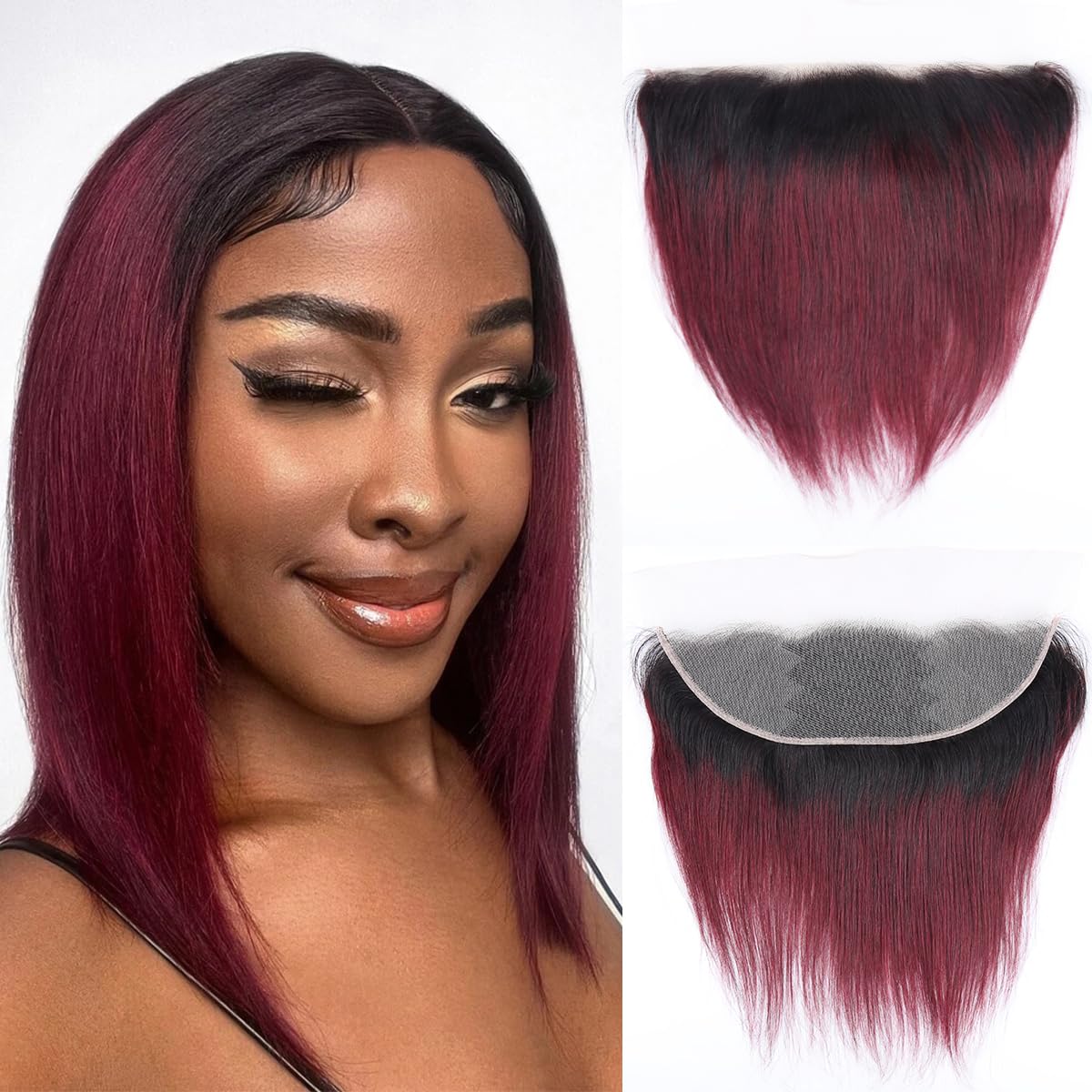 13x4 Ombre Burgundy Lace Frontal Human Hair Ear To Ear Transparent Swiss Lace Frontal Closure 100% Straight Brazilian Virgin Hair 150 Density 14 Inch Ombre Burgundy Color