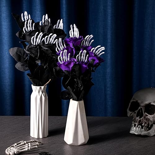 Miniatura 3 de Tigeen 12 piezas de flores artificiales de Halloween con esqueleto de cráneo a mano, ramos de flores negras, hojas de eucalipto negras, juego de
