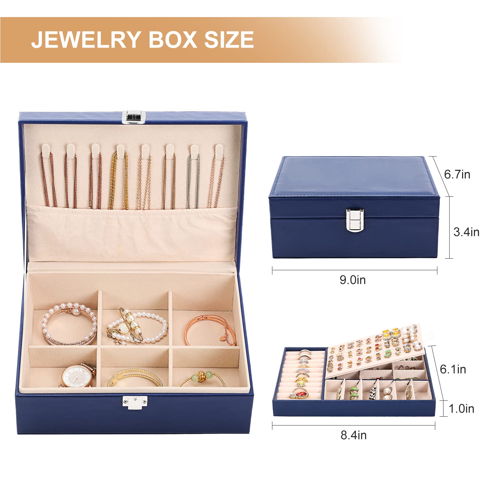 Schmuck-Organizer-Box aus PU-Leder für Mädchen und Damen, Ohrring-Organizer-Boxen, 2-lagig, große Schmuckaufbewahrung, abnehmbares Tablett für Halsketten, Ohrringe, Ringe, mit Poliertuch und