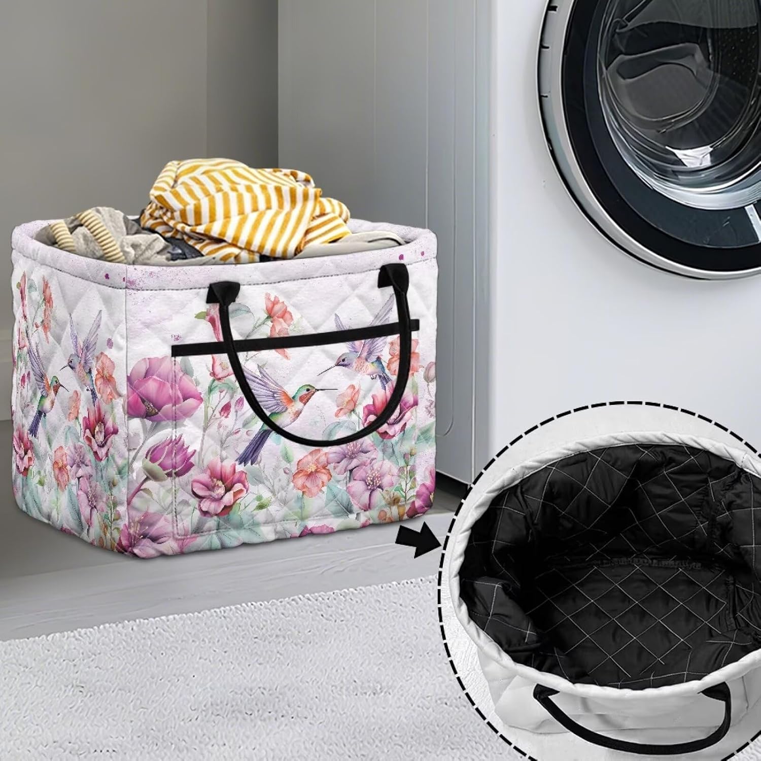 Hummingbird Laundry Basket Quilted Garden Floral Quilted Storage Baskets for Clothes Toys Soft Fabric Organizer Bin with Handles 12.59 X 11.02 X 10.62 Inches