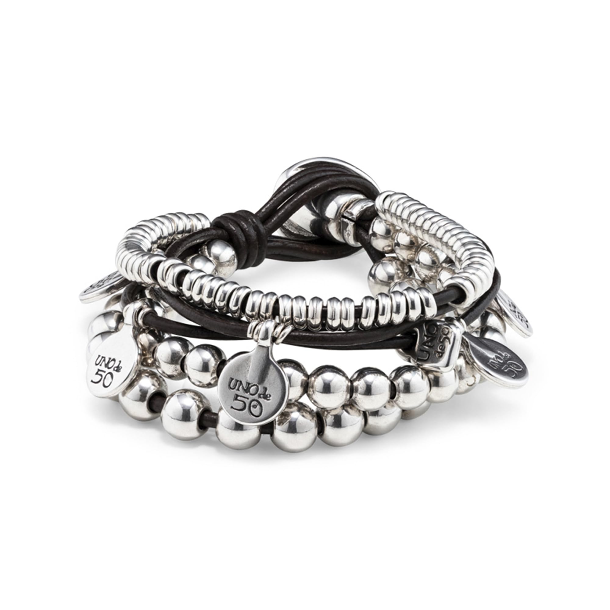 UNO DE 50 Bracelet with Varias Tiras of Leather and Otros Elementos of Alloy of Metal Plated in Silver of Ley-pul0524mtl000xl Min Perimeter 18