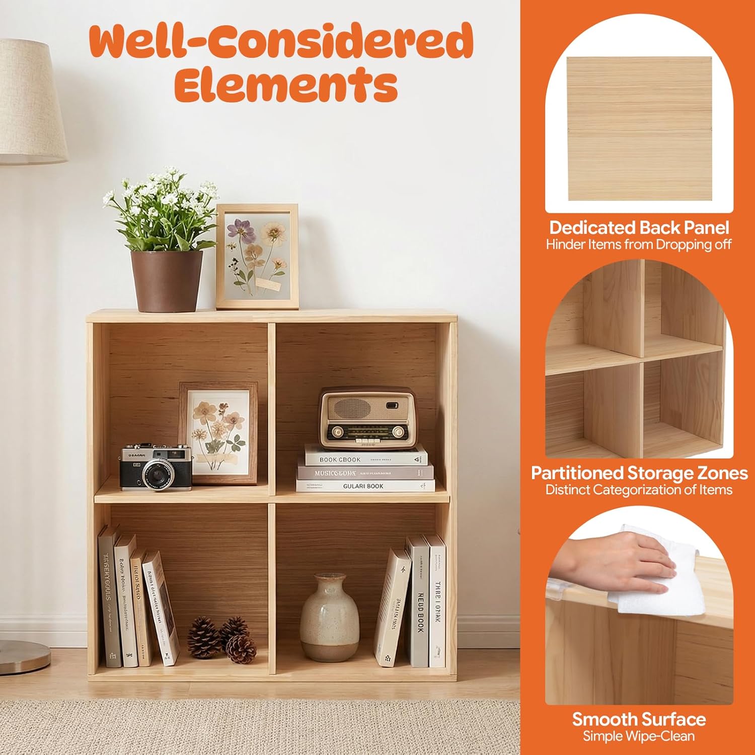 Solid Wood Bookcase 4-Cube Shelf, Convertible Vertical/Horizontal Storage Unit, Modern Farmhouse Bookcase with Mortise Tenon Joints, Natural Wood Color (4-Cube)