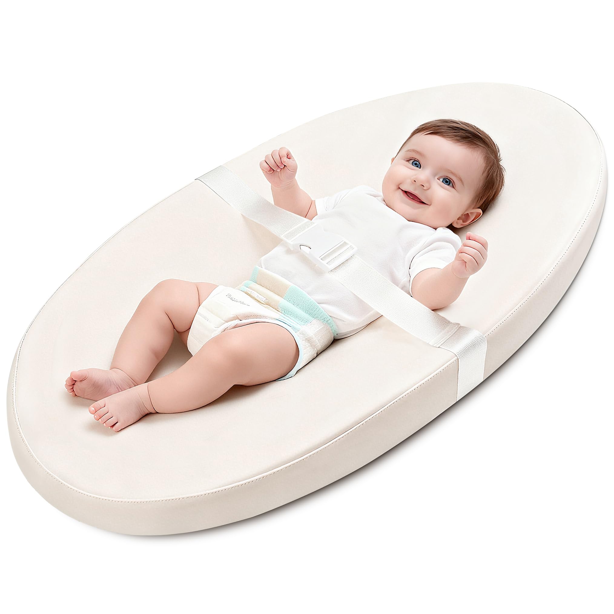 Photo 1 of Baby Diaper Changing Pad, Wipeable Baby Changing Pad for Dresser, Contoured Waterproof Changing Pad with PU Cover, Non-Slip Safety Belt & Bottom, Portable, Lightweight