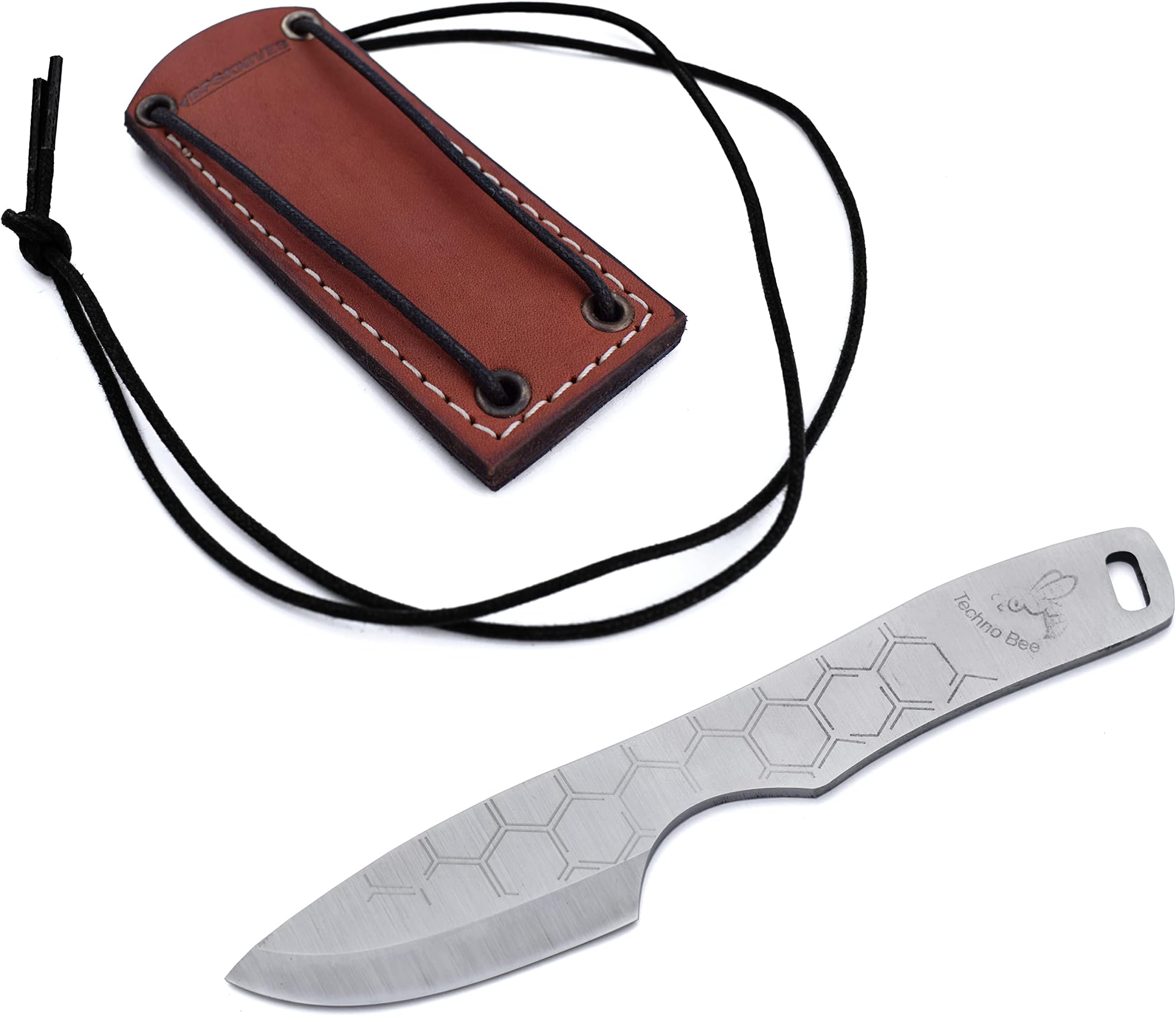 Techno Bee - Stainless Steel Neck Knife - Skeleton Fixed Blade Camping Knife with Genuine Leather Case - Fixed-Blade Outdoor Utility EDC Knives
