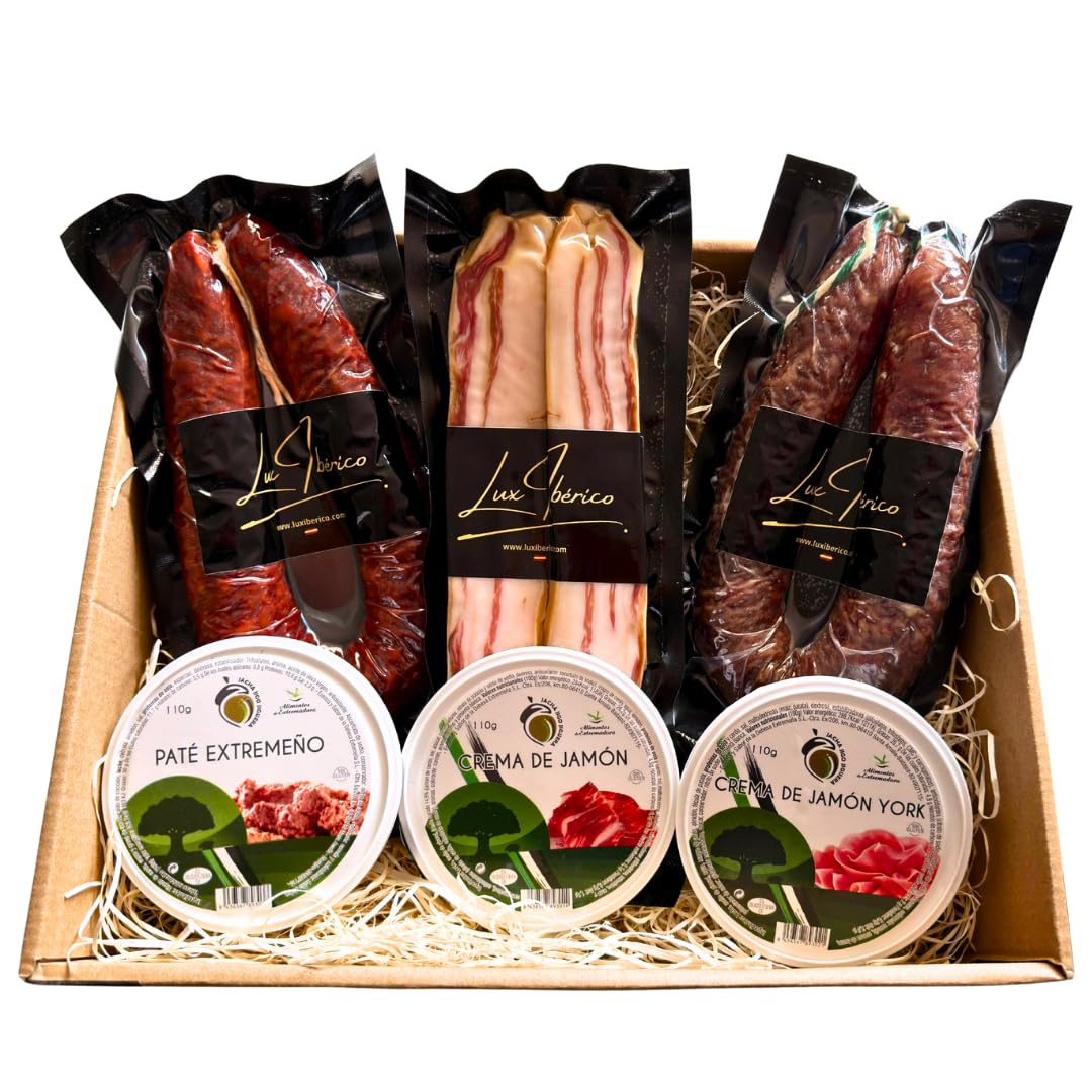 Lux Ibérico Lote Platon - Patés Extremeños, Panceta y Embutido | Chorizo y salchichón ibérico, panceta curada y tres patés extremeños para untar. Aperitivo completo listo para regalar.