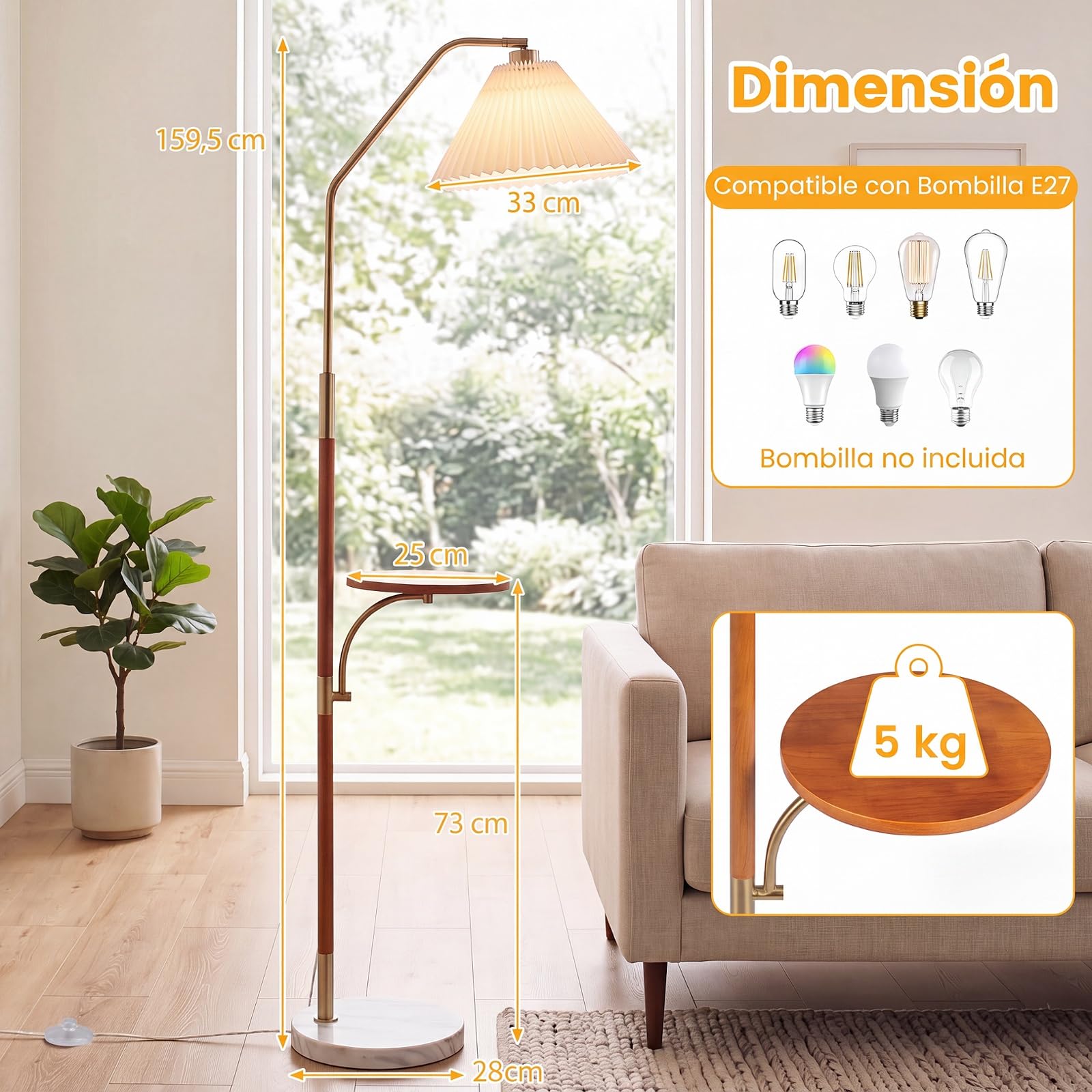 COSTWAY 159,5 cm Lámpara de Pie con Mesa Auxiliar, sin Bombilla | Lampara de Lectura con Ángulo y Altura Ajustables, Pantalla de Papel Plisado, Base Redonda, Lamparas para Salón y Dormitorio