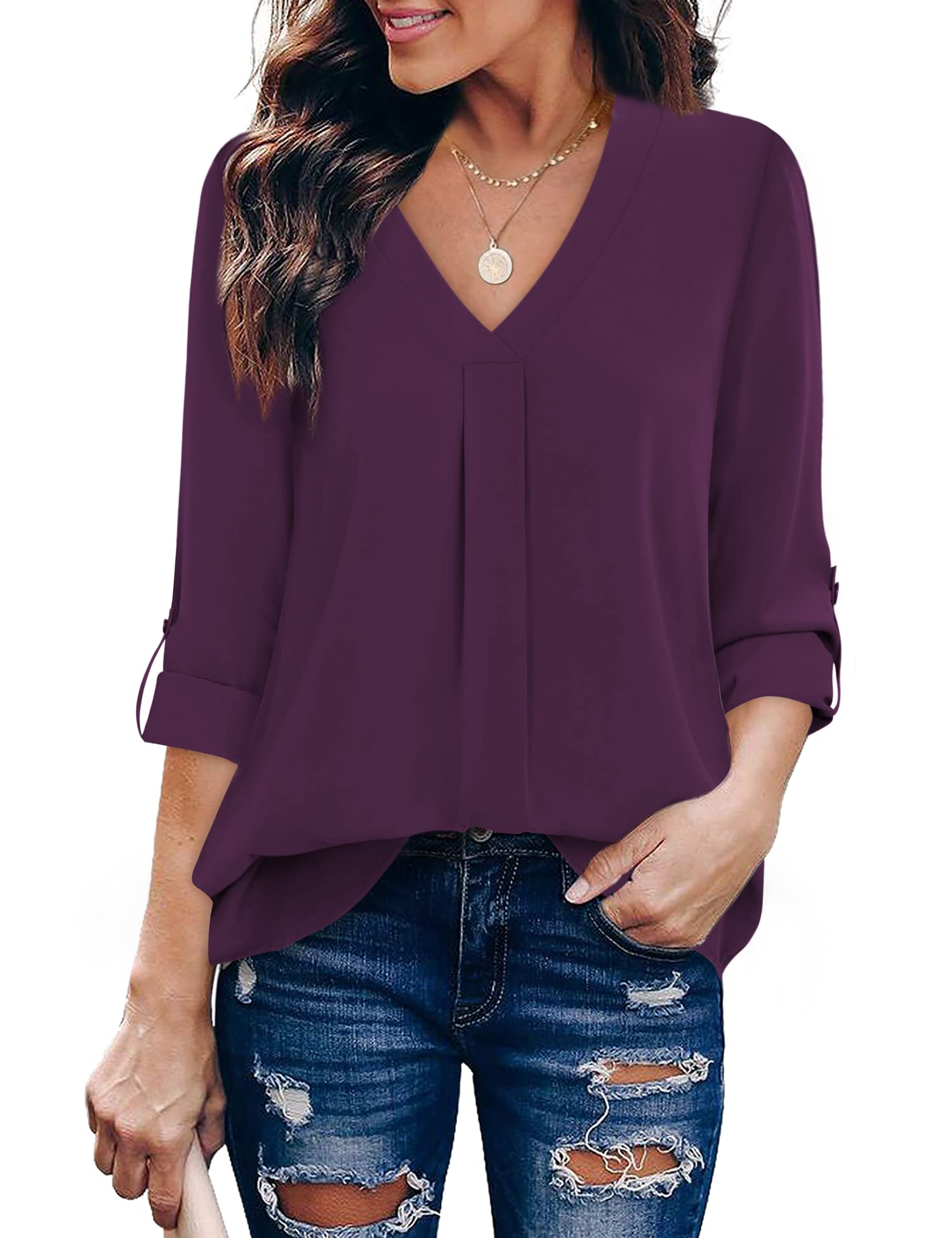 Youtalia Womens Blouses Dressy Casual Business Tops 3/4 Sleeve Chiffon V Neck Work Office Shirts