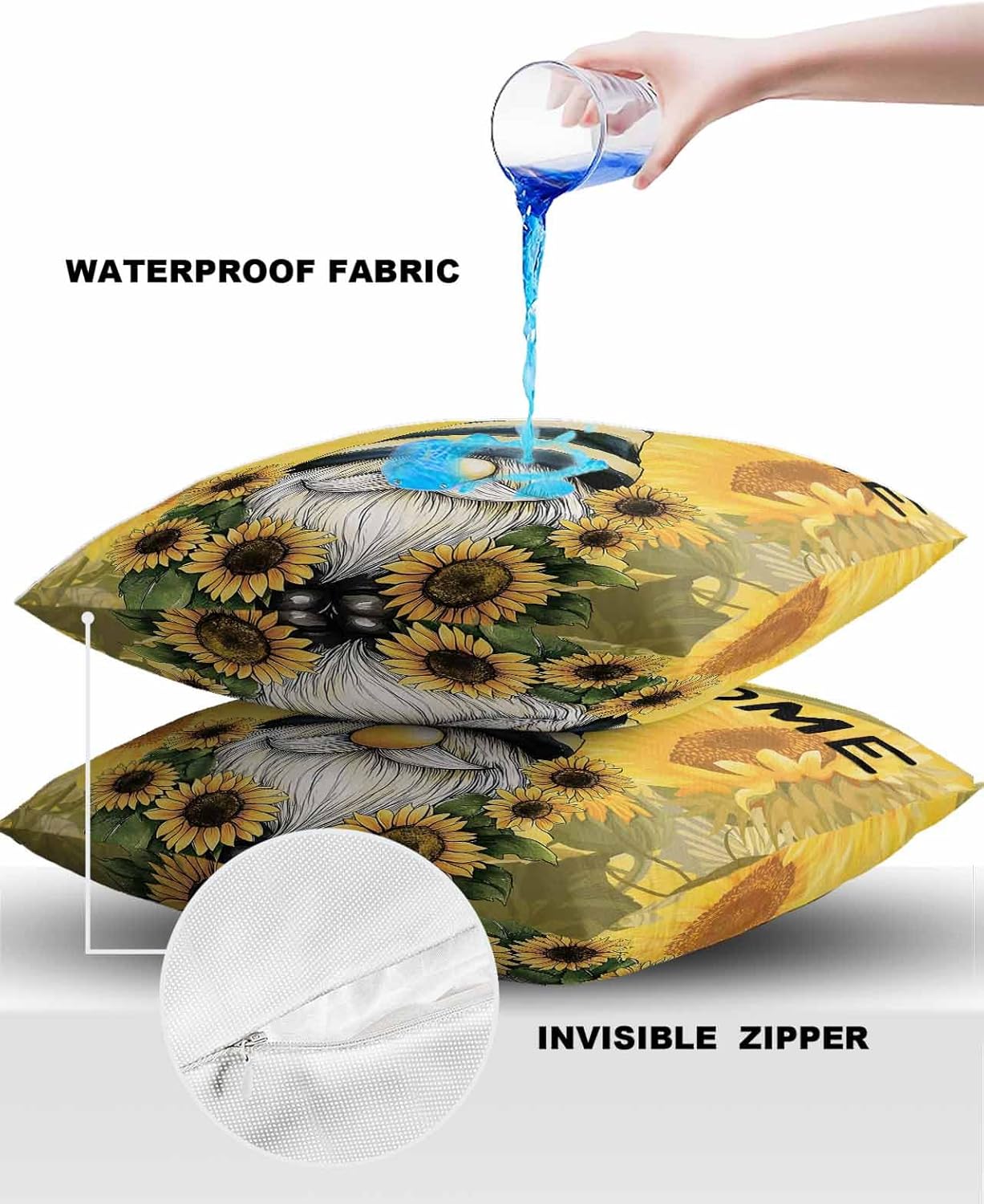 Sunflower Outdoor Waterproof Throw Pillow Covers 24 x 24 Inch Set of 2, Vintage Gnome Pillowcases Decorative Square Cushion Cases for Patio Furniture Couch Porch Garden