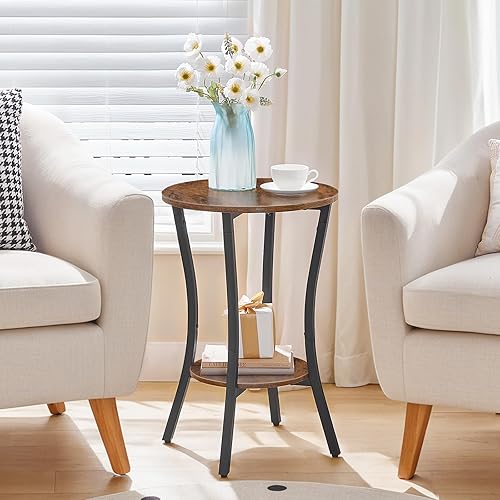 Miniatura 4 de HOOBRO Mesa auxiliar redonda, mesa auxiliar de sofá de 2 niveles, mesita de noche de almacenamiento pequeña, para espacios pequeños, mesa decorativa