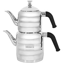 Korkmaz Mina Stainless Steel Double Turkish Teapot Set | with Ergonomic Handles | Tea Pots, Tea Makers Gift for Tea Lovers | Midi