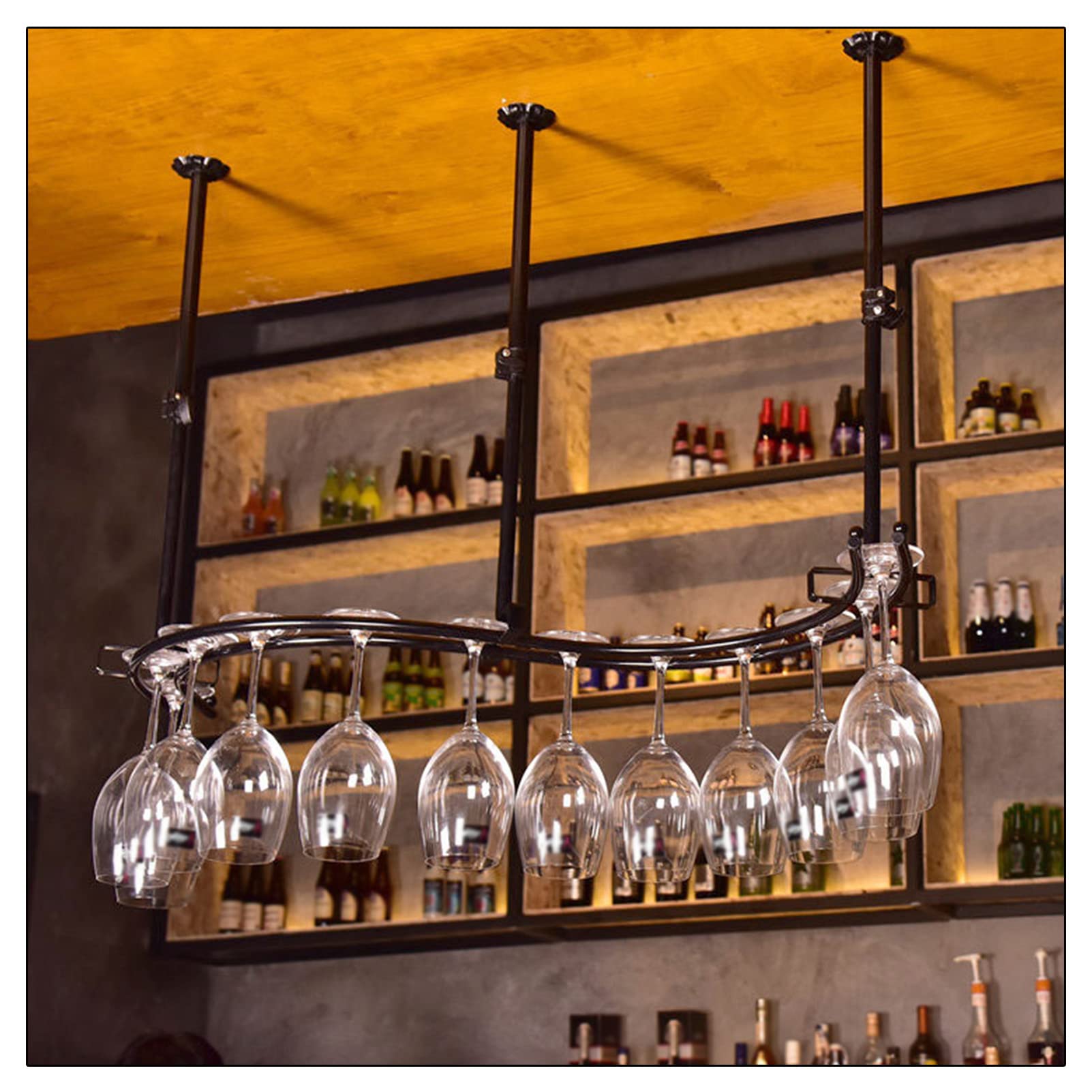 Support de verre à vin et casier suspendu 2 couches avec barre de plafond réglable de 55cm
