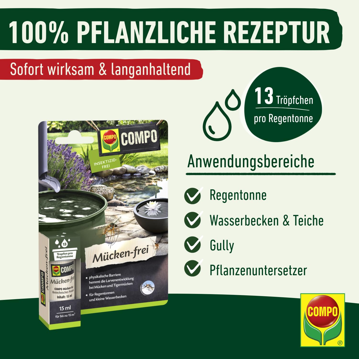 Compo Mücken‑frei, 15 ml – Physikalische Barriere gegen Mücken‑ und Tigermückenlarven, für Regentonnen & Teiche, bis zu 4 Wochen Schutz gegen Mückenlarven & 100 % pflanzlich