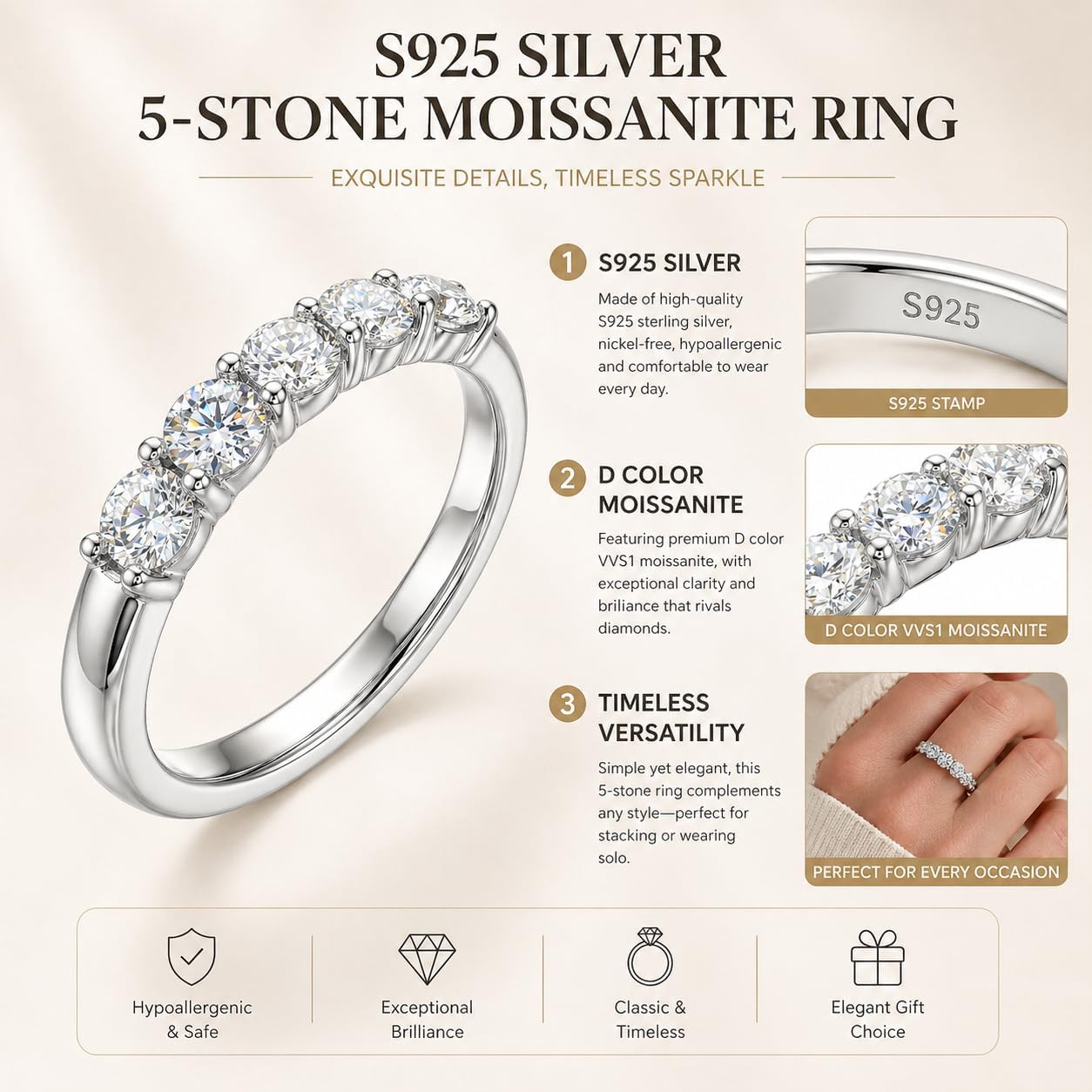 0.5 Carat Dainty Moissanite Anniversary Ring for Women, 5 Stone Half Eternity Band, Round Cut, 925 Sterling Silver, D Color VVS1, Stackable Wedding Promise Ring Jewelry Gift Whtie/Golden