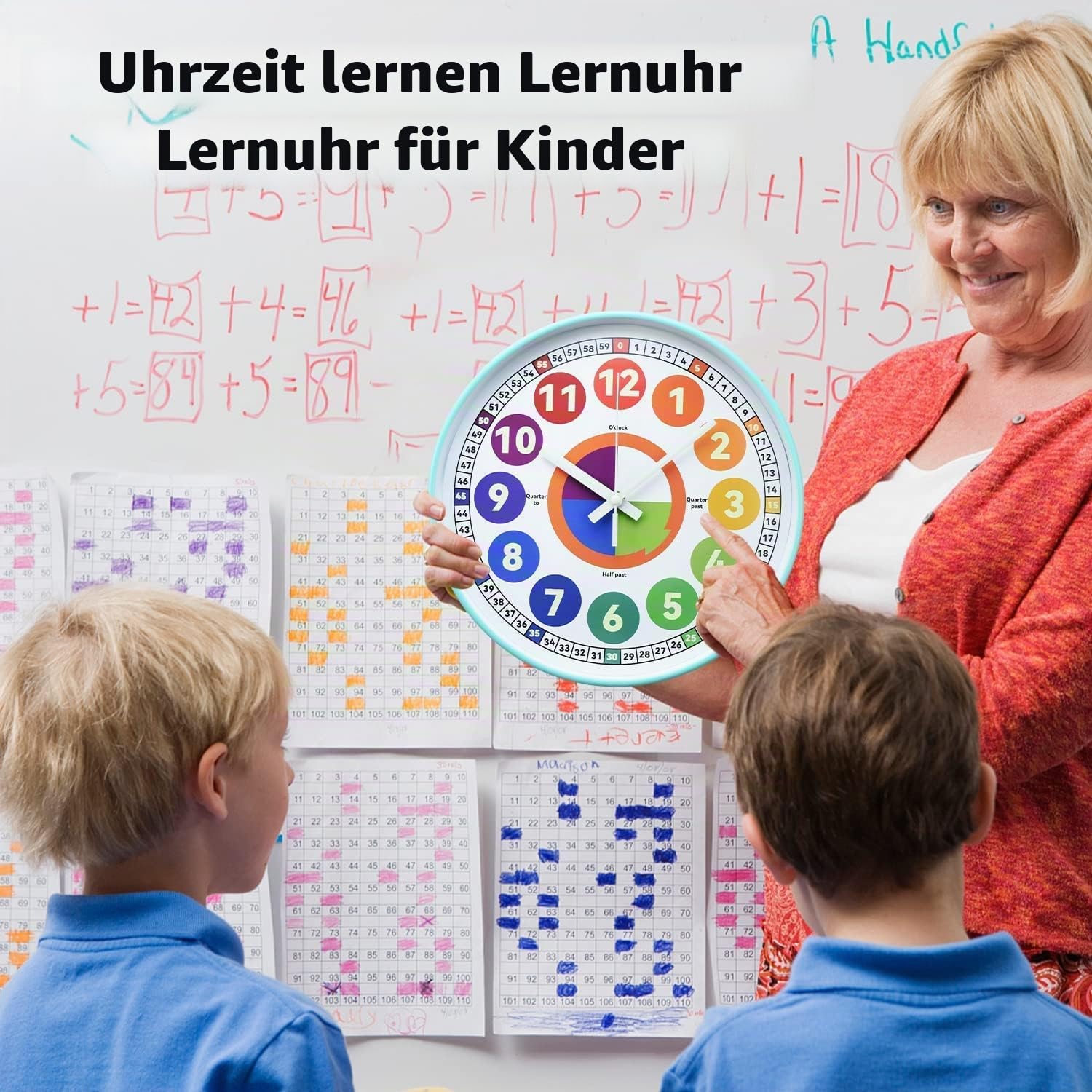 Lernuhr für Kinder, leuchtet im Dunkeln, Wanduhr für Schlafzimmer, 30,5 cm, leises Nachtlicht, Kinder-Wanduhr, bunt beleuchtet, Uhrzeit, Lehruhr, Kinderzimmer-Dekoration (beleuchtet, Eisblau)