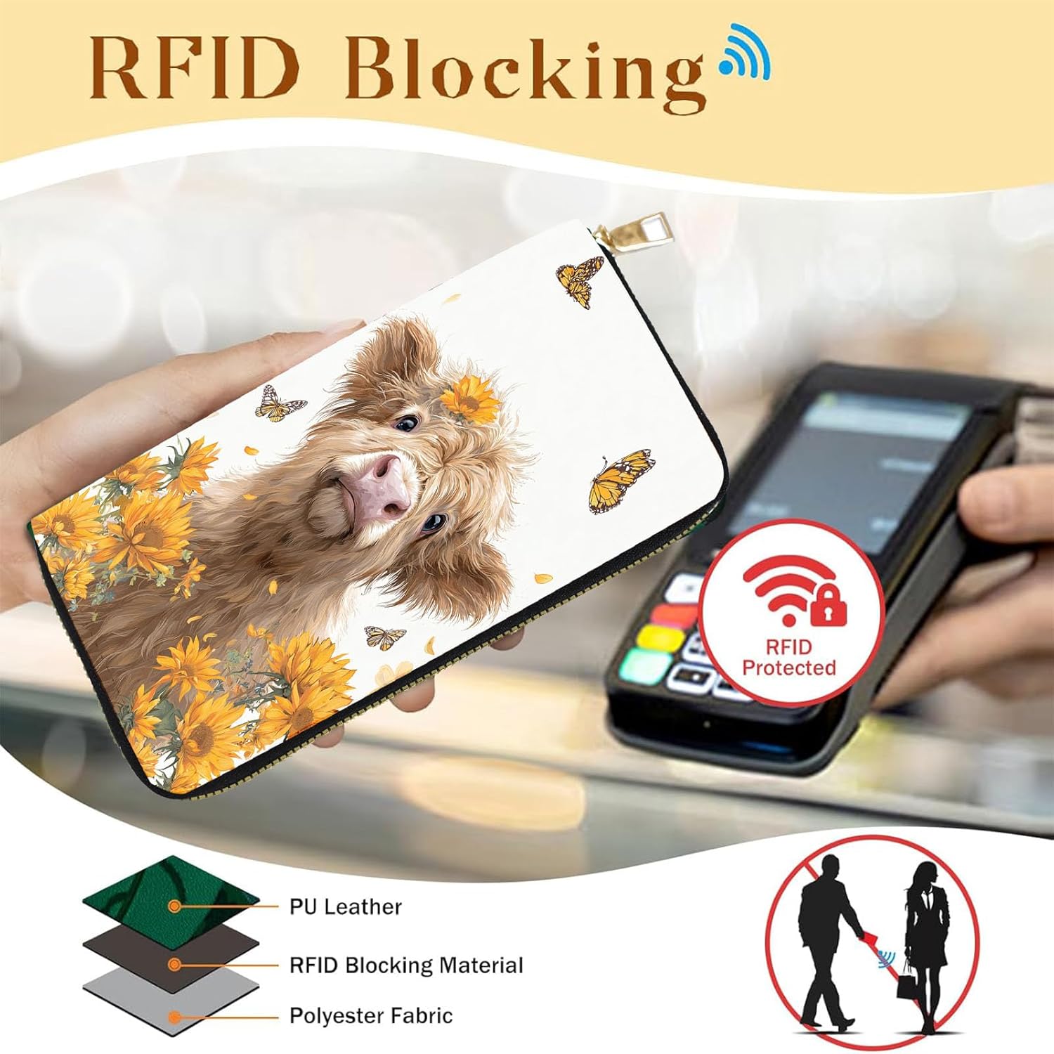 Women's RFID Blocking PU Leather Zip-Around Wallet, Large Capacity Clutch with Phone Holder, Travel Purse & Card Organizer with Removable Wristlet,Highland Cow Butterfly Flower - Image 2