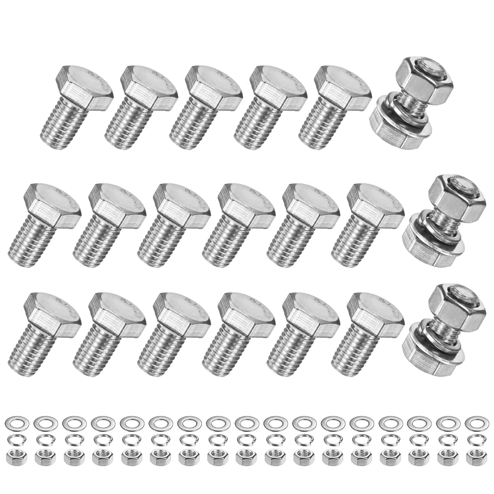 M METERXITY 20-Pack Hex Head Screw Bolt with Nuts Flat & Lock Washers M10x18mm Stainless Steel Bolts and Nuts Kit Fully Threaded Metric Bolt Assortment for Equipment/Machinery