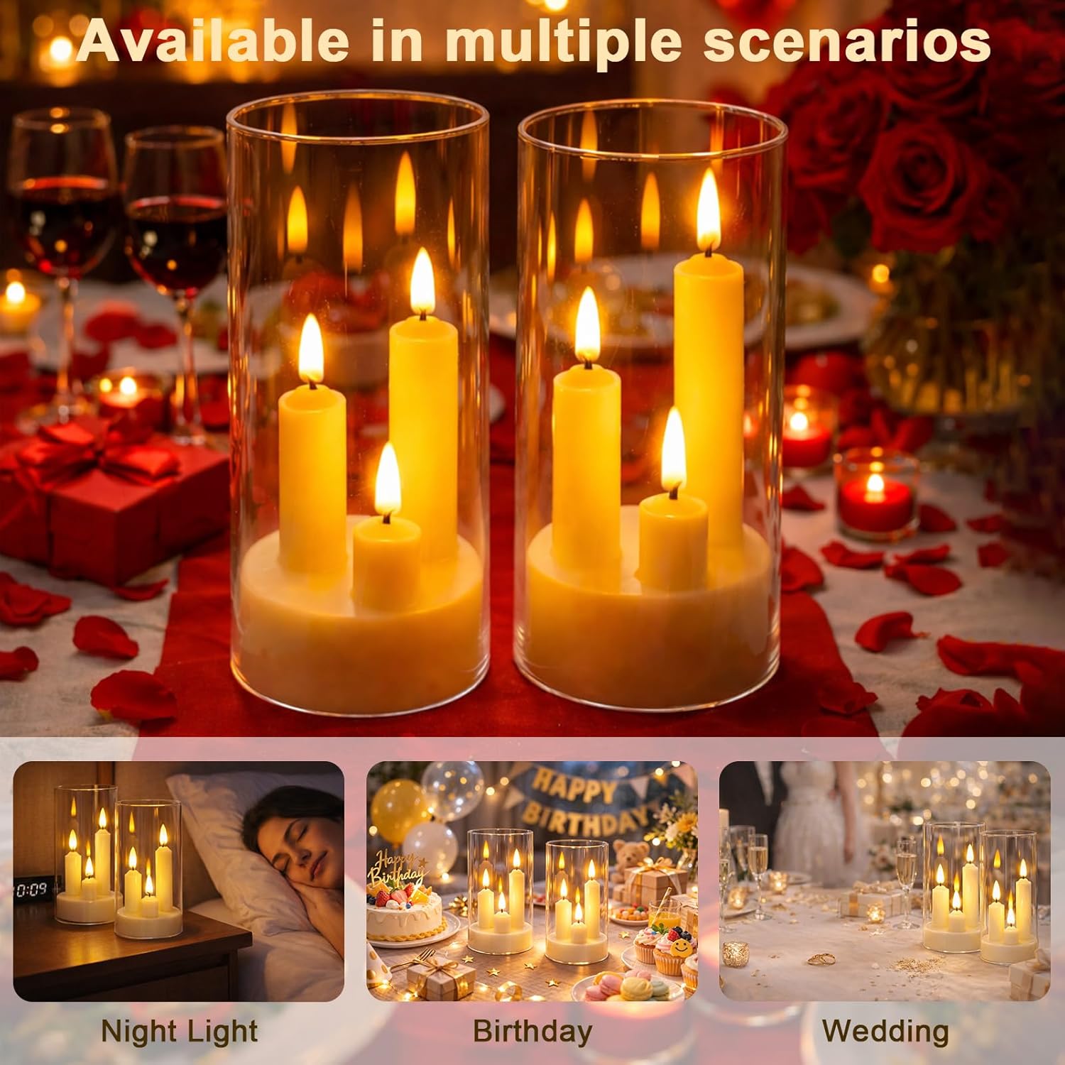 Flameless 3-in-1 Cone Candle with Remote & Timer, Battery-Operated LED Candle with 3D Flickering Wick, Acrylic,for Home Decor, Holiday Parties & Wedding Centerpieces(2pcs)